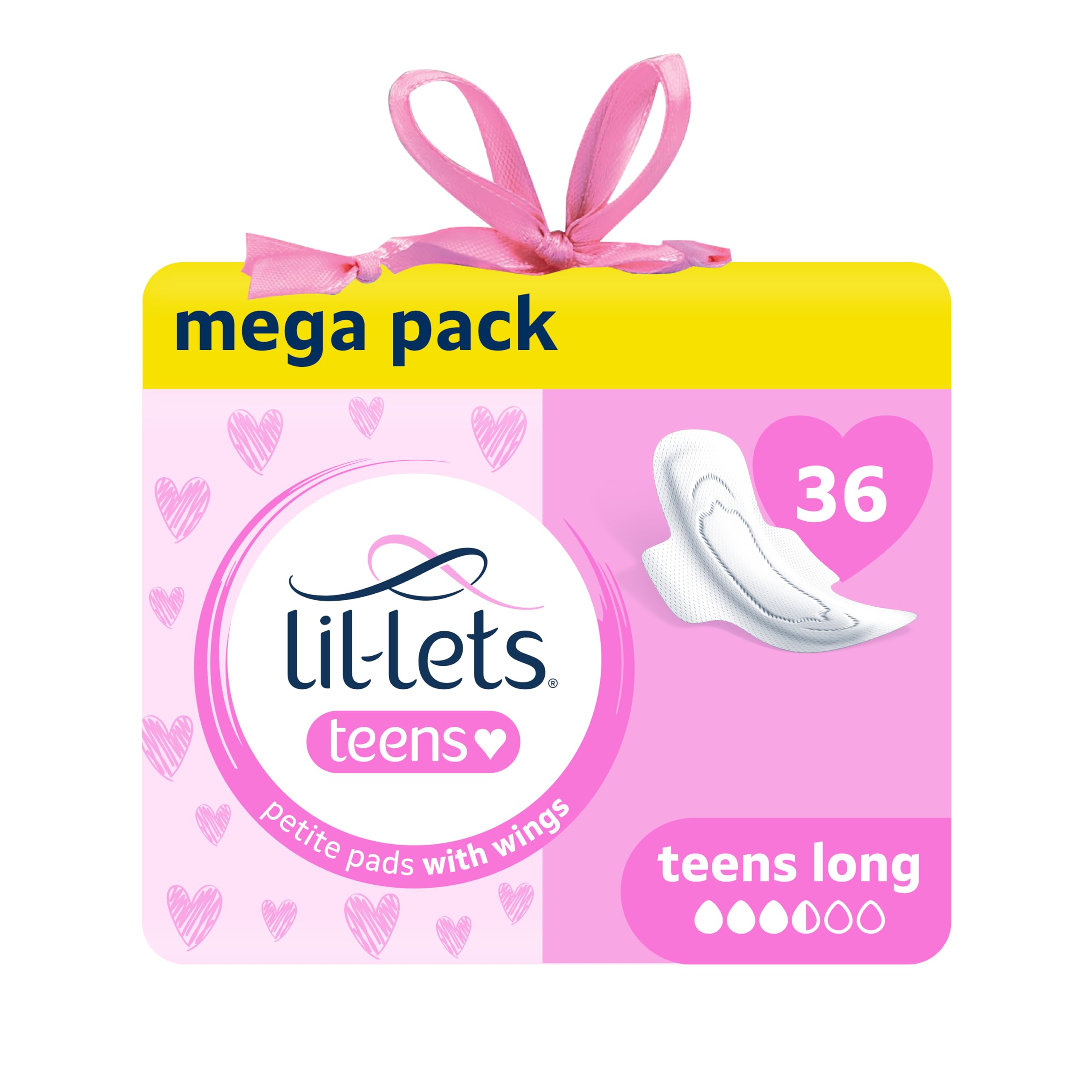 Lil-Lets Teens Long Pads with Wings - 36 Count Period Pads for Teens - Thin, Super Absorbent Sanitary Napkins, Soft &amp; Breathable, Fragrance-Free - First Periods, Medium to Heavy Days