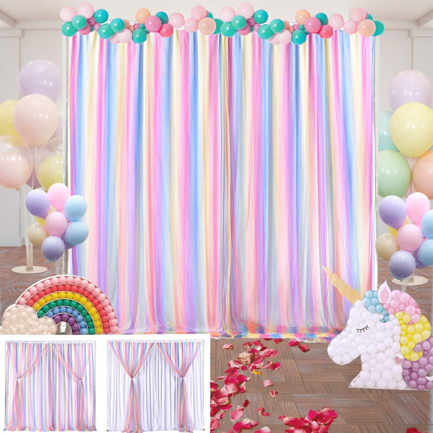 Mermaid Purple Background Curtain White Rainbow Tulle Background Curtain for Wedding Baby Shower Unicorn Mermaid Party Decro 5ft×7ft (10ft×7ft, Rainbow)