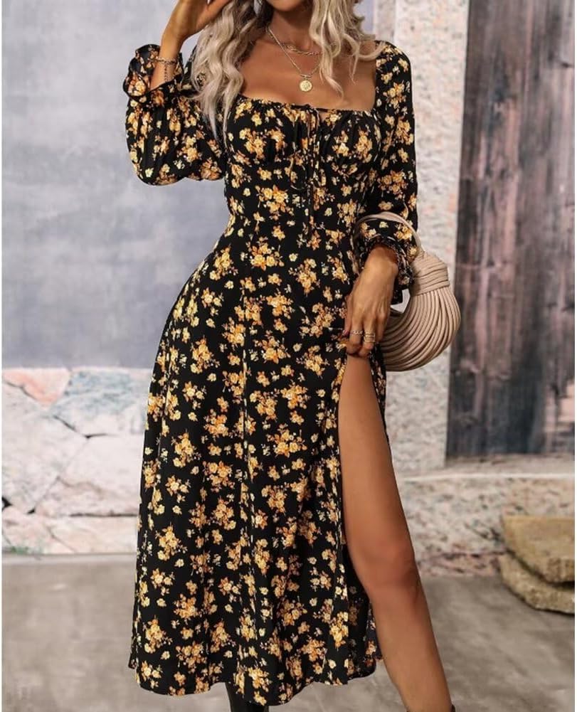 Women’s Floral Square Neck Maxi Dress Bubble Long Sleeve Side Slit Flowy Boho Dresses - Image 7