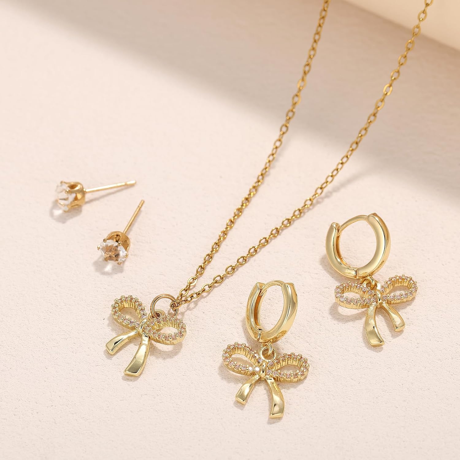 Bow Necklace Earrings for Women 14K Gold Plated Bowknot Choker Dainty Bow Earring Wedding Prom Fashion Jewelry Set Gifts (style - Zirconia bow) image 5