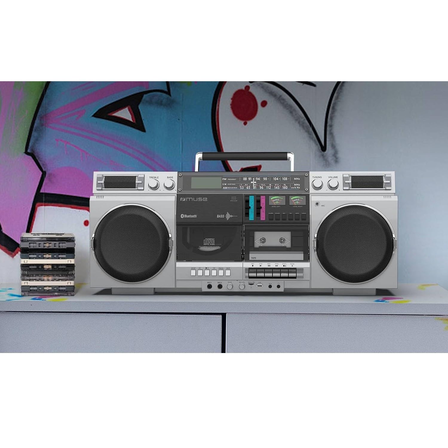Bmi Enceinte Portable HiFi Muse M-380 GBS Ghetto Blaster Enregistreur de Cassette CD Radio FM Bluetooth - 80W - Écran LCD