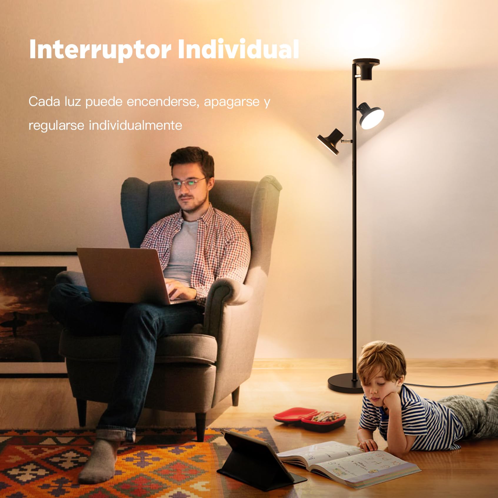 SIBRILLE Lampara de Pie Salon 36W/2500LM, Lámpara de Pie LED Regulable con Mando a Distancia & Control Táctil, 4 Temperaturas de Color, 3 Luces Giratorias Luz de Pie para Salón, Habitación y Oficina