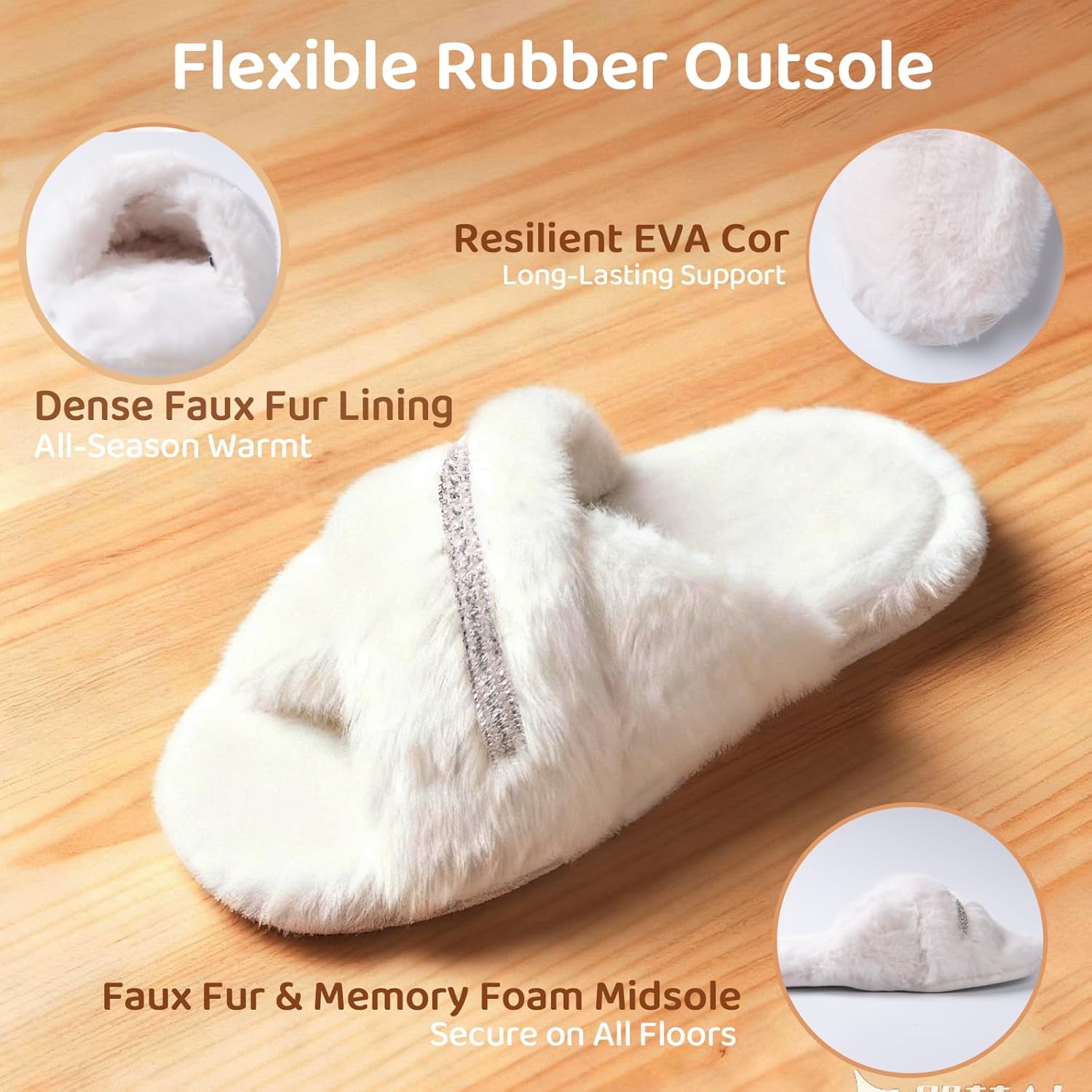 Women's Fuzzy Slippers Cross Band House Shoes Memory Foam Open Toe Slippers - Image 3