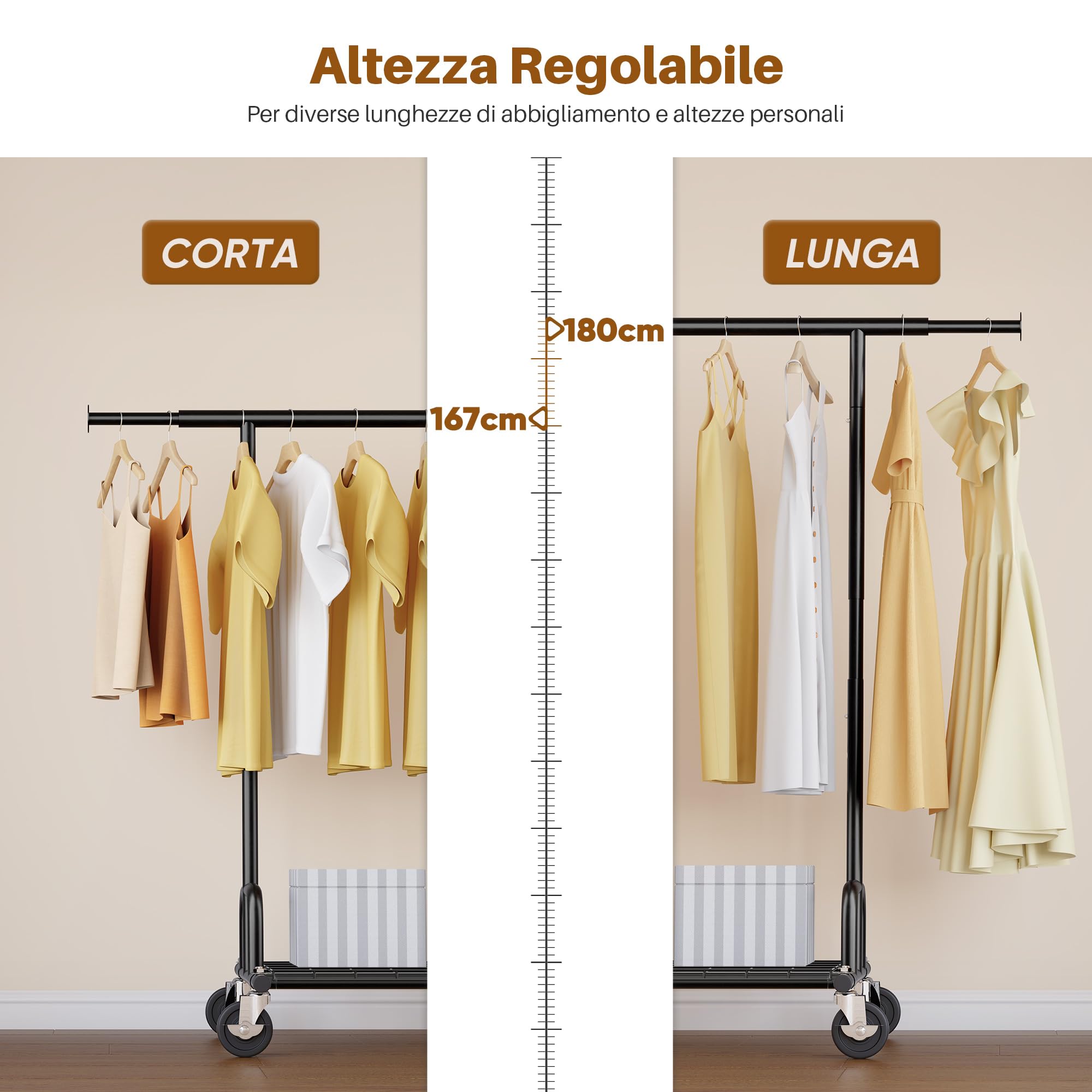 HOKEEPER Appendiabiti da Terra Resistente 238kg, Barra Estensibile con Ruote Bloccabili e Ripiano, Salvaspazio per Camera da Letto, Appartamento, Lavanderia, Nero