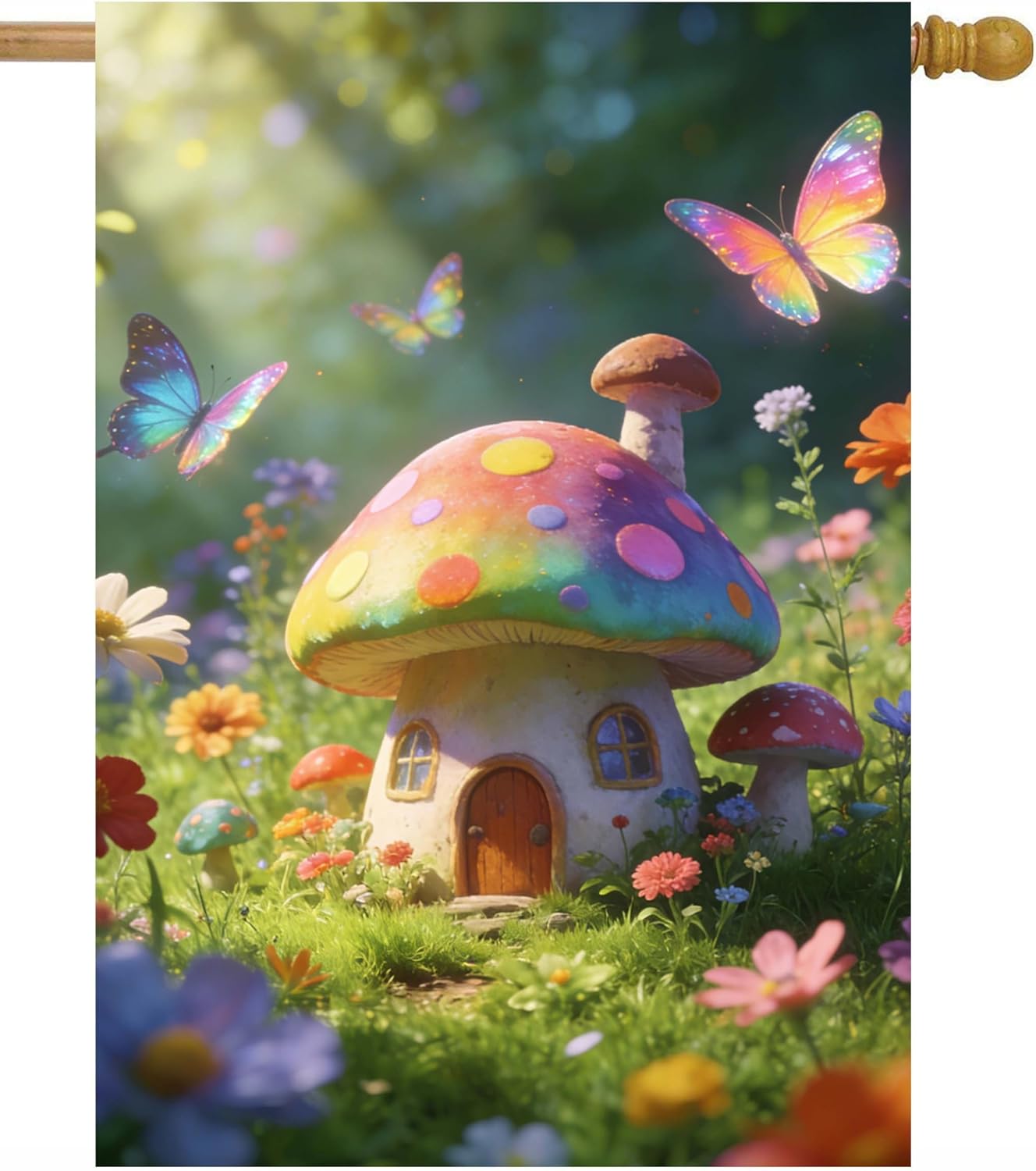 Fantastic Fairy Tales Mushroom Garden Landscape Tree Light House Flag 28" x 40" Double Sided, Polyester Welcome Yard Garden Flag Banners for Patio Lawn Outdoor Home Decor