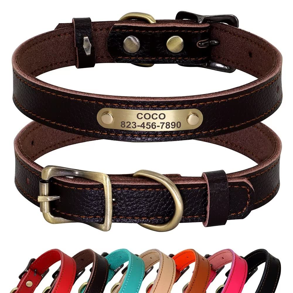 PET ARTIST Personalizado Collar de Perro de Cuero Genuino, Ligero y Suave Collar, 7 Hermosos Colores, Collar de Perro Durable para Cachorro y Perros pequeños, marrón M