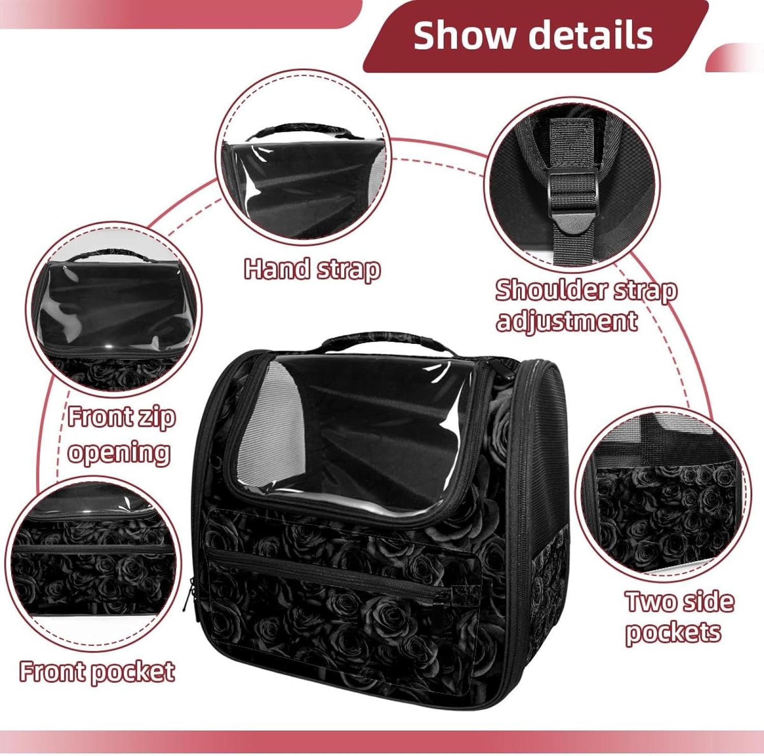 Black Roses Cat Backpack Carrier, Breathable Cat Carrier Large Space Bubble Pet Backpack for Kitty Small Dog