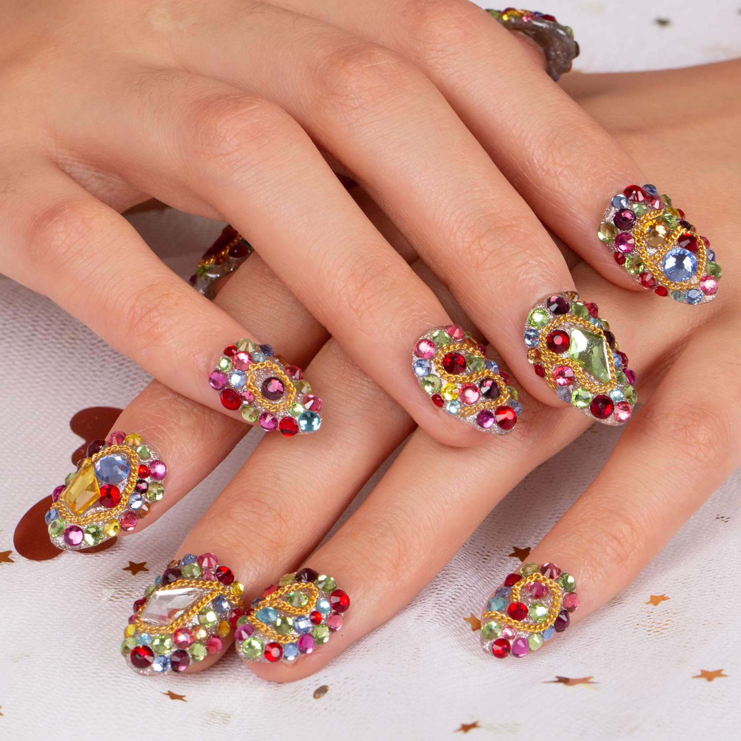 LOVFUL Press on Nails Precious | Handmade with Full Covered Crystals | Reusable Fake Nails | Almond Short 0.8 in | H175-M