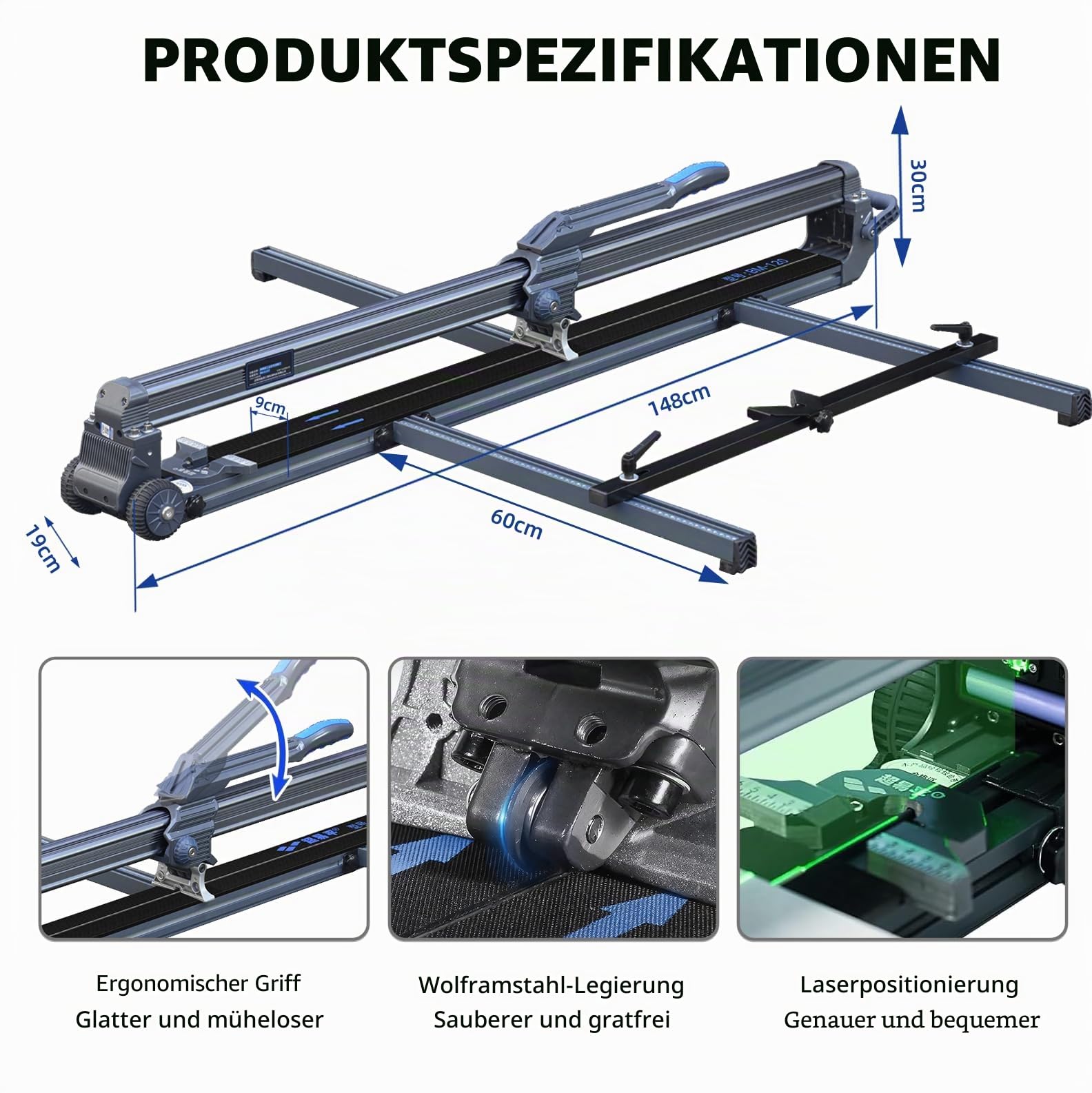 120 cm Manueller Großfliesen-Fliesenschneider mit Laserführung, max. 15 mm | Integrierter Magnetischer Trenner am Legierungsrahmen, große Schnittstärke, tragbare rutschfeste Räder