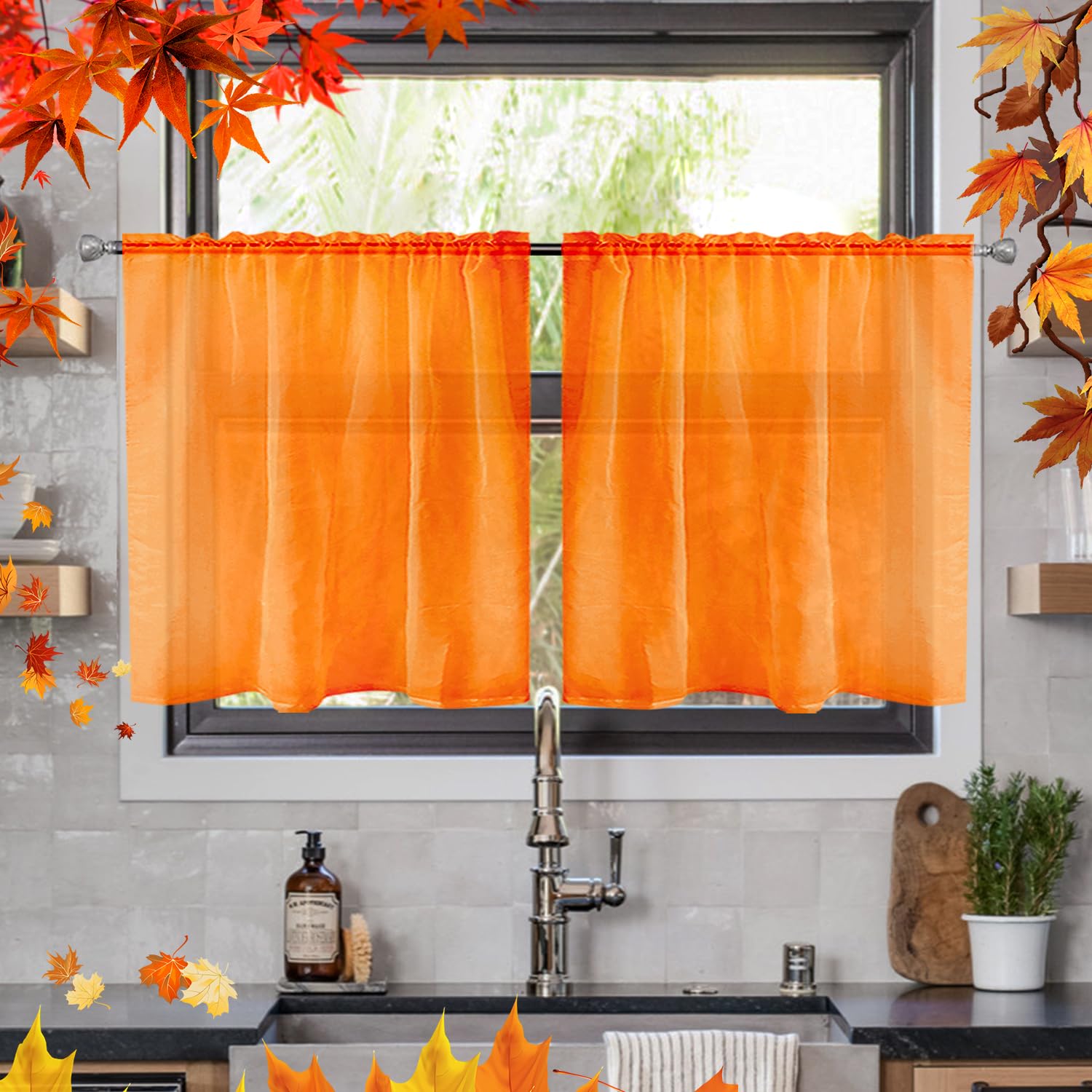 youleyar Solid Sheer Rod Pocket Curtain Voile Draperies 2 Panels White Beige Black Ivory Grey 26 Inch Width 24 Inch Long 1 Pair for Kitchen Bedroom Children Living Room Yard(Orange,26W x 24L) โ image 1