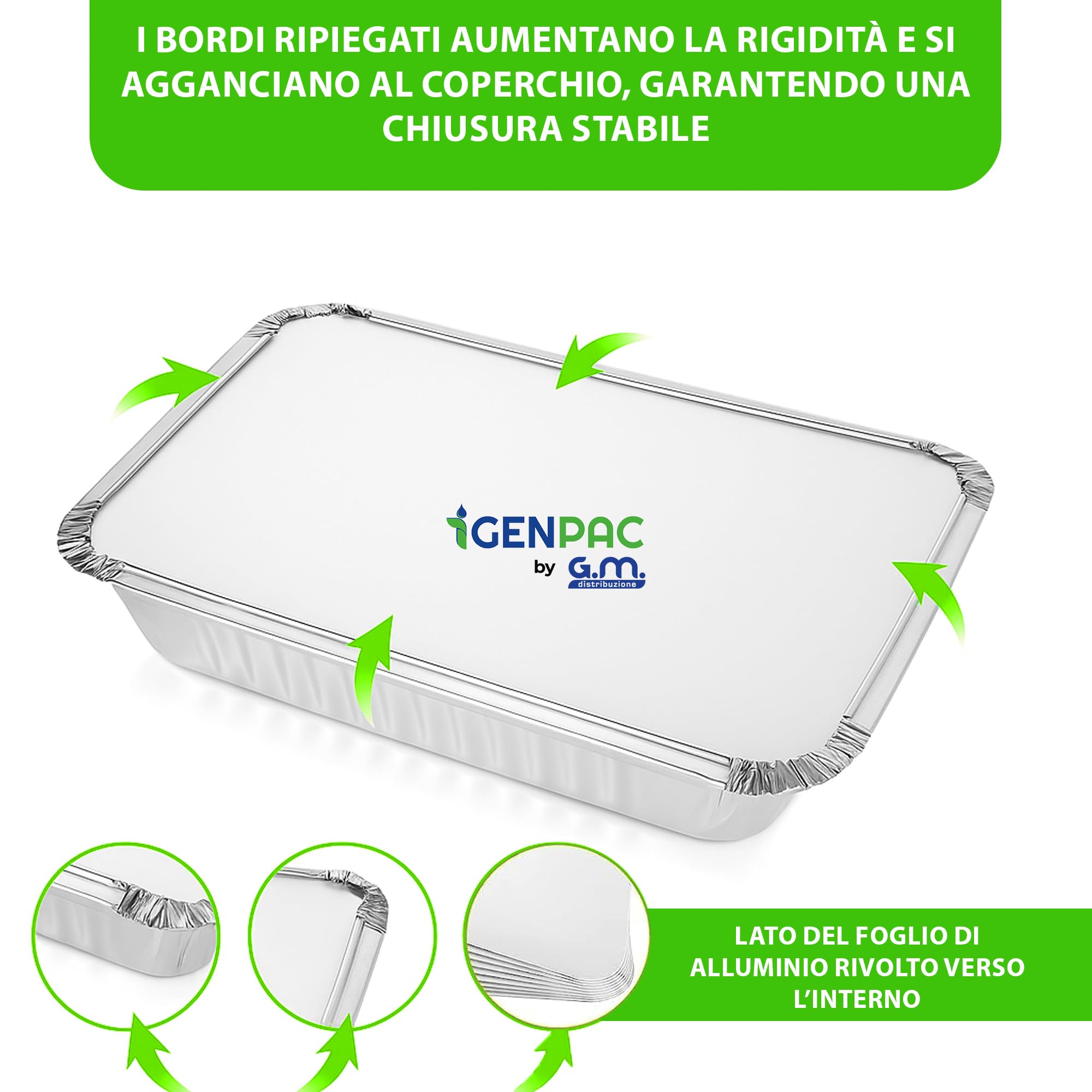 GM – 500 Contenitori Alluminio 1 Porzione 470 cc con 500 Coperchi Alluminizzati, Vaschette per Alimenti Ideali per Forno, Congelamento, Gastronomia e Asporto Professionale