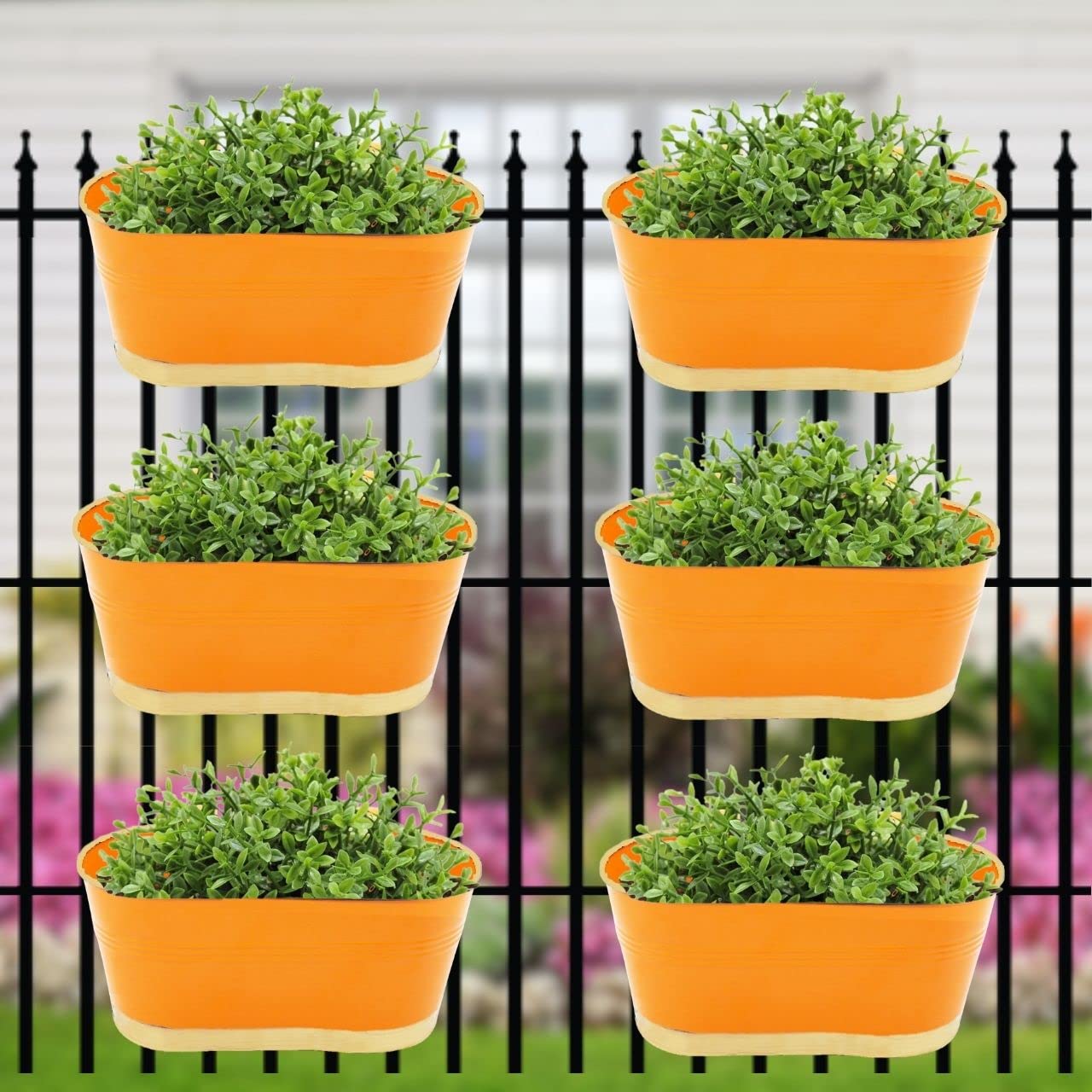 ecofynd 12 Inches Aurelia Railing Planters for Balcony, Hanging Pots for Plants, Wall Hanging Decorative Planters for Vertical Garden, Oval,12 inches, Pack of 6 (Orange)