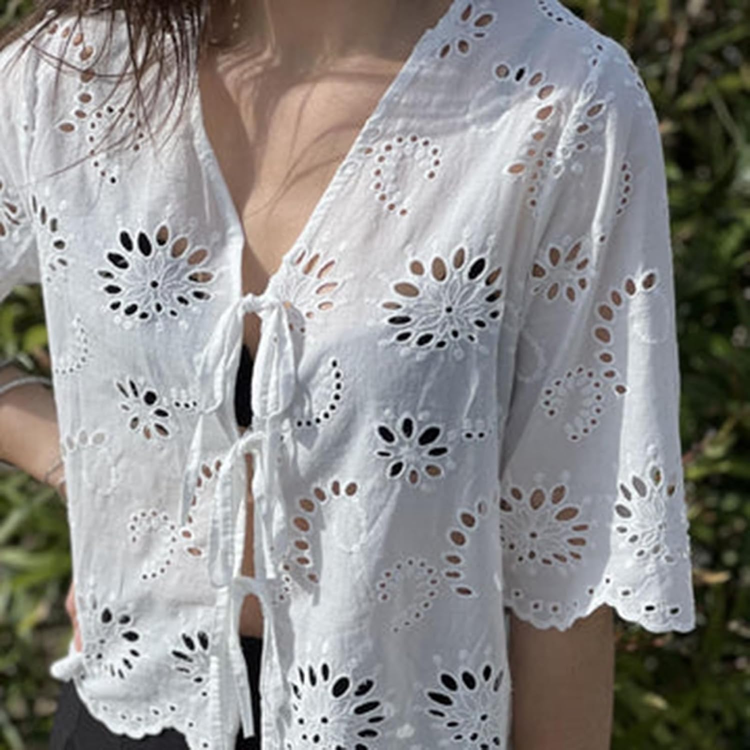 Women Y2k Floral Embroidered Shirt Eyelet Short Sleeve V Neck Bow Tie Front Blouse Cute Summer Going Out Tops - Image 4