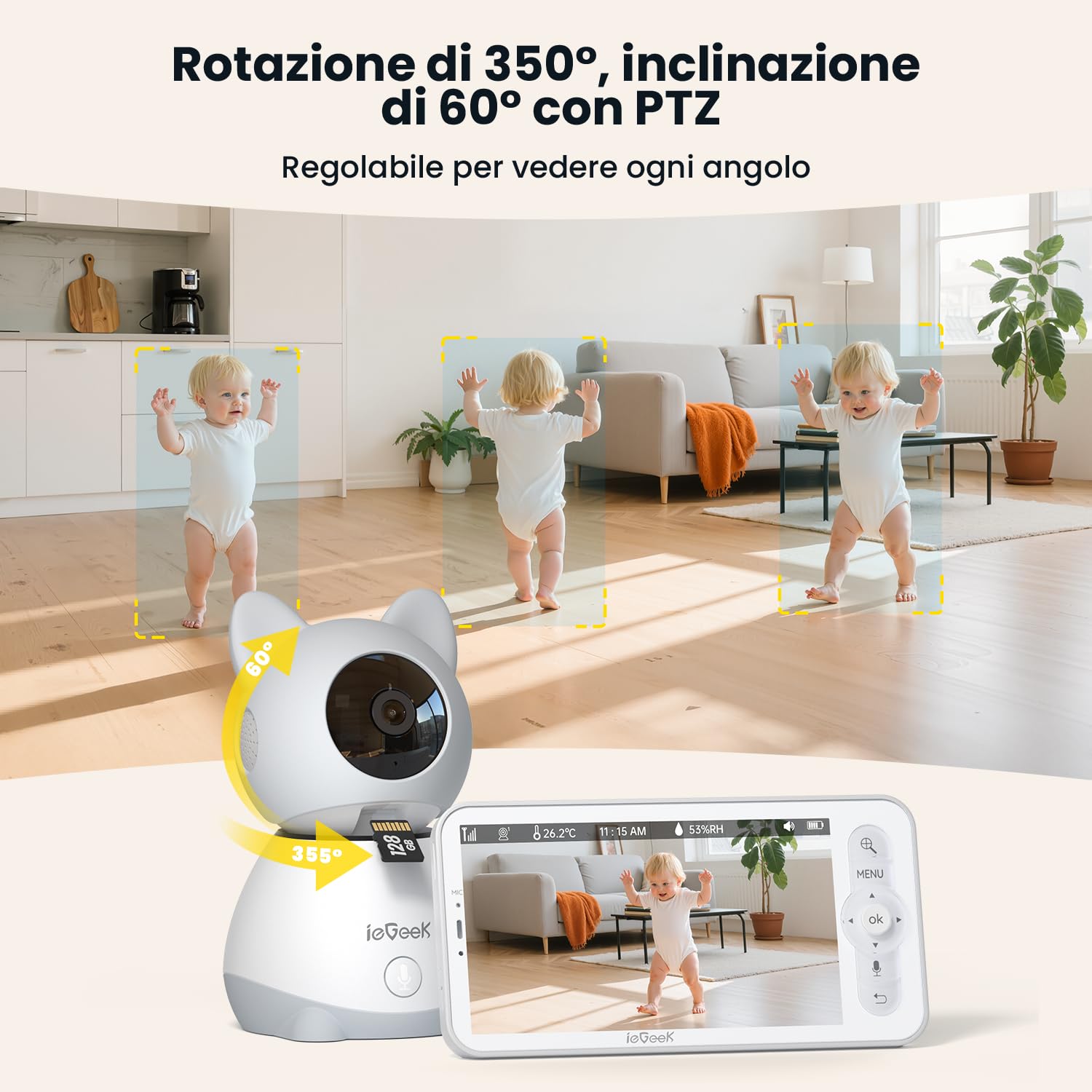 ieGeek Cámara Vigilancia Bebes 5" 2K/3MP, Baby Monitor con Vista 360° PTZ, Detección Movimiento y Llanto, Audio Bidireccional, Visión Nocturna, Temperatura, Regalo Recién Nacidos