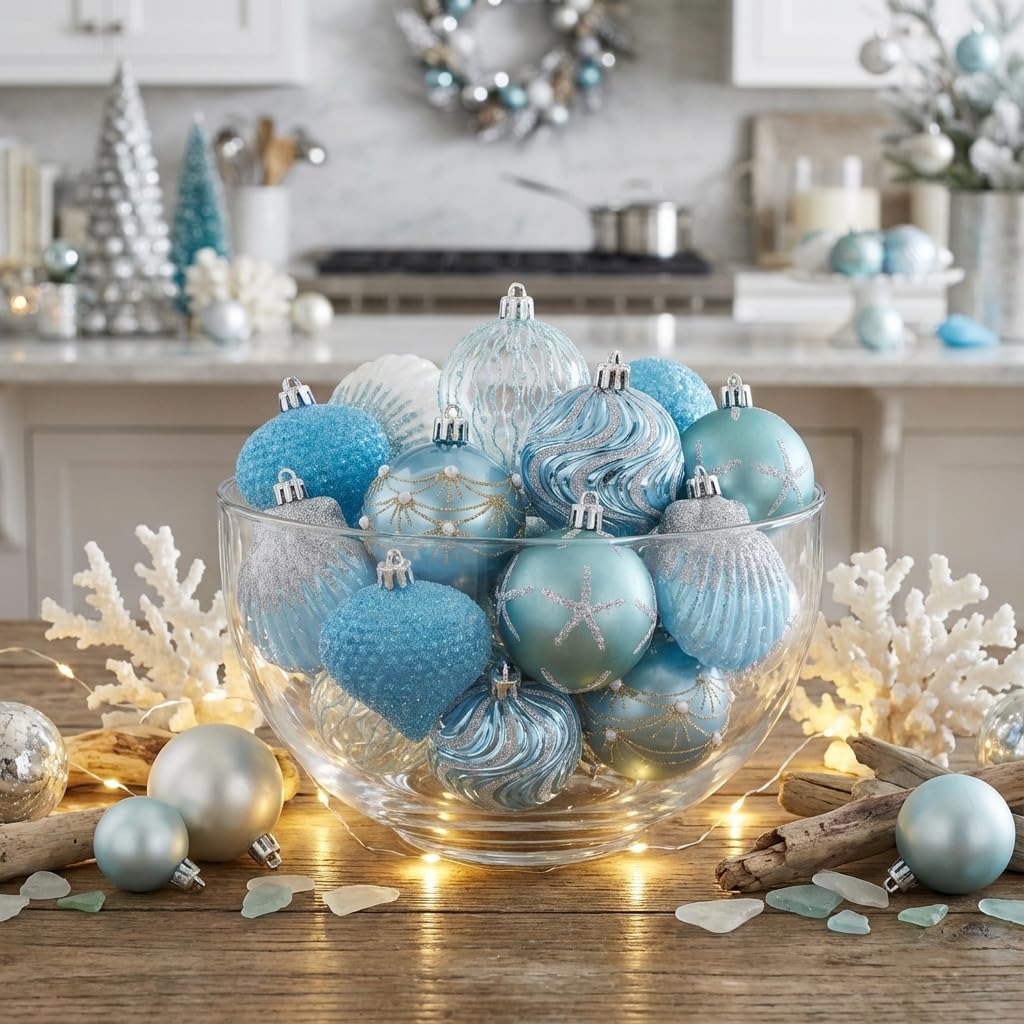 Valery Madelyn Christmas Tree Ornaments Set, 16ct Light Blue and Silver Shatterproof Christmas Decorations Balls Bulk, 2.36 Inches Summer Beach Coastal Ocean Nautical Marine Hanging Xmas Holiday Decor