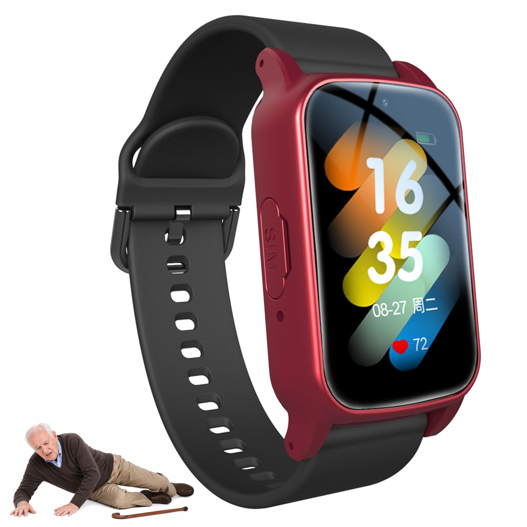 4G Senioren Smartwatch mit SOS Notruf, Sturzerkennung, Videoanruf und GPS Ortung in Echtzeit, GPS Uhr für Senioren, SIM Karte Erforderlich (Rot)