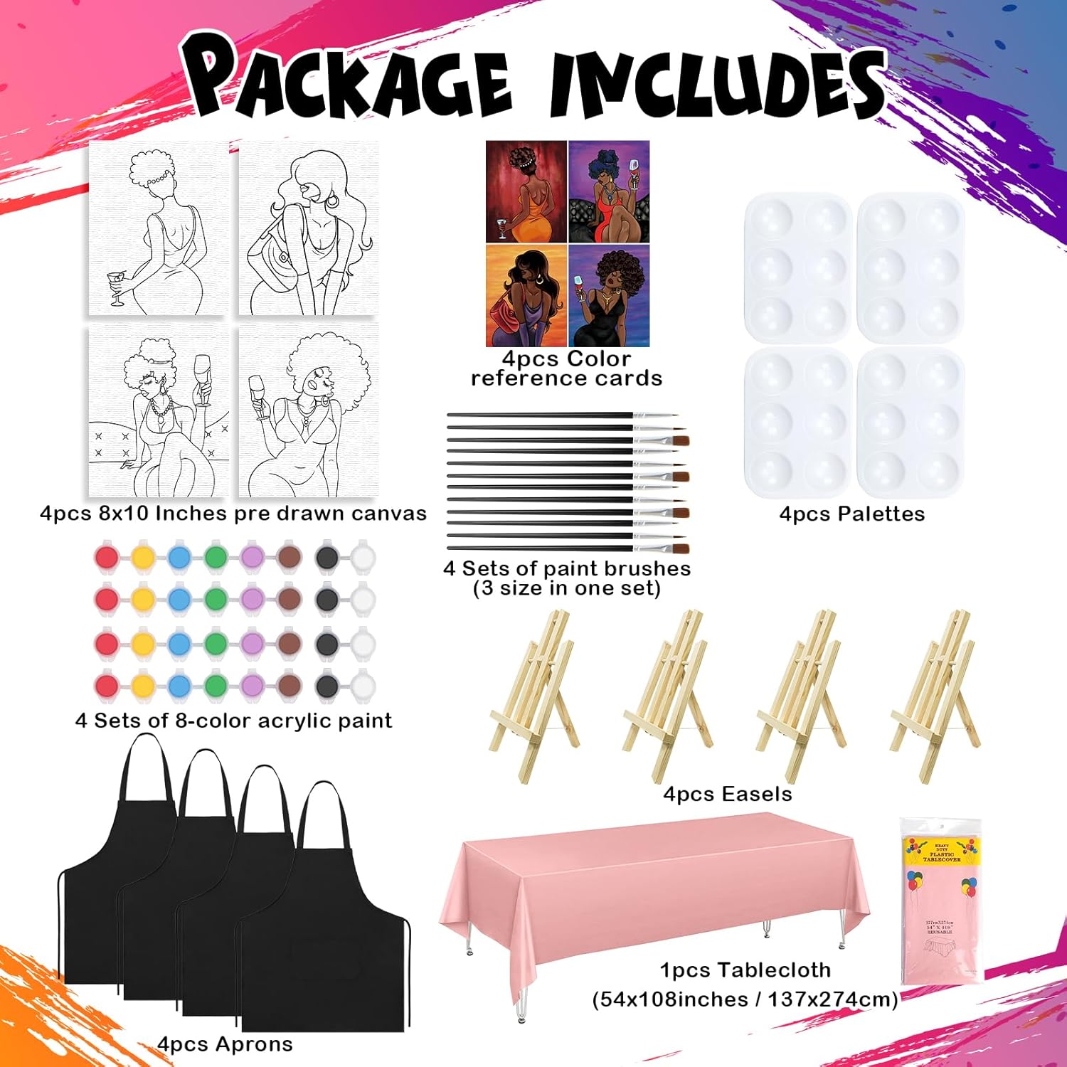 VOCHIC 4 Pack Sip and Paint Kit for Adults Pre Drawn Canvas for Painting Pre Printed Stretched Canvas DIY Art Party Set Date Night Girls Game (Chic Lady,8x10 Inches)