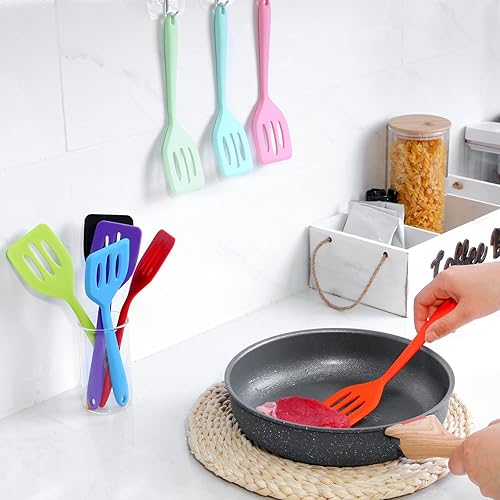 Miniatura 7 de Irenare 10 piezas de mini espátula a granel pequeña de silicona resistente al calor ranurada colorida espátula de huevo aleta antiadherente