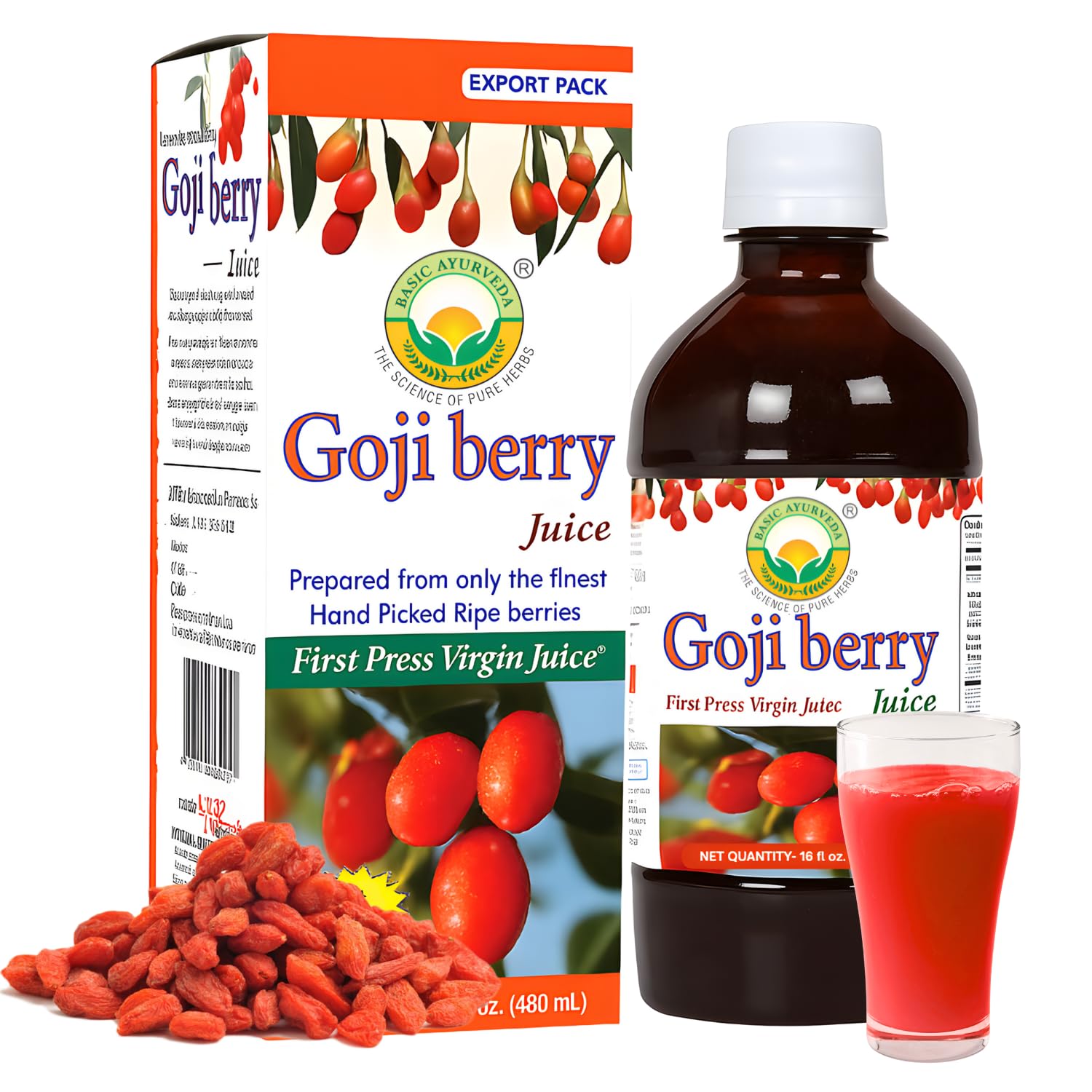 Basic Ayurveda Goji Berry Juice | 16.23 Fl Oz (480ml) | Organic Wolfberry Fruit Juice | Natural Source of Vitamin A & C | For Healthy Eye & Immune System