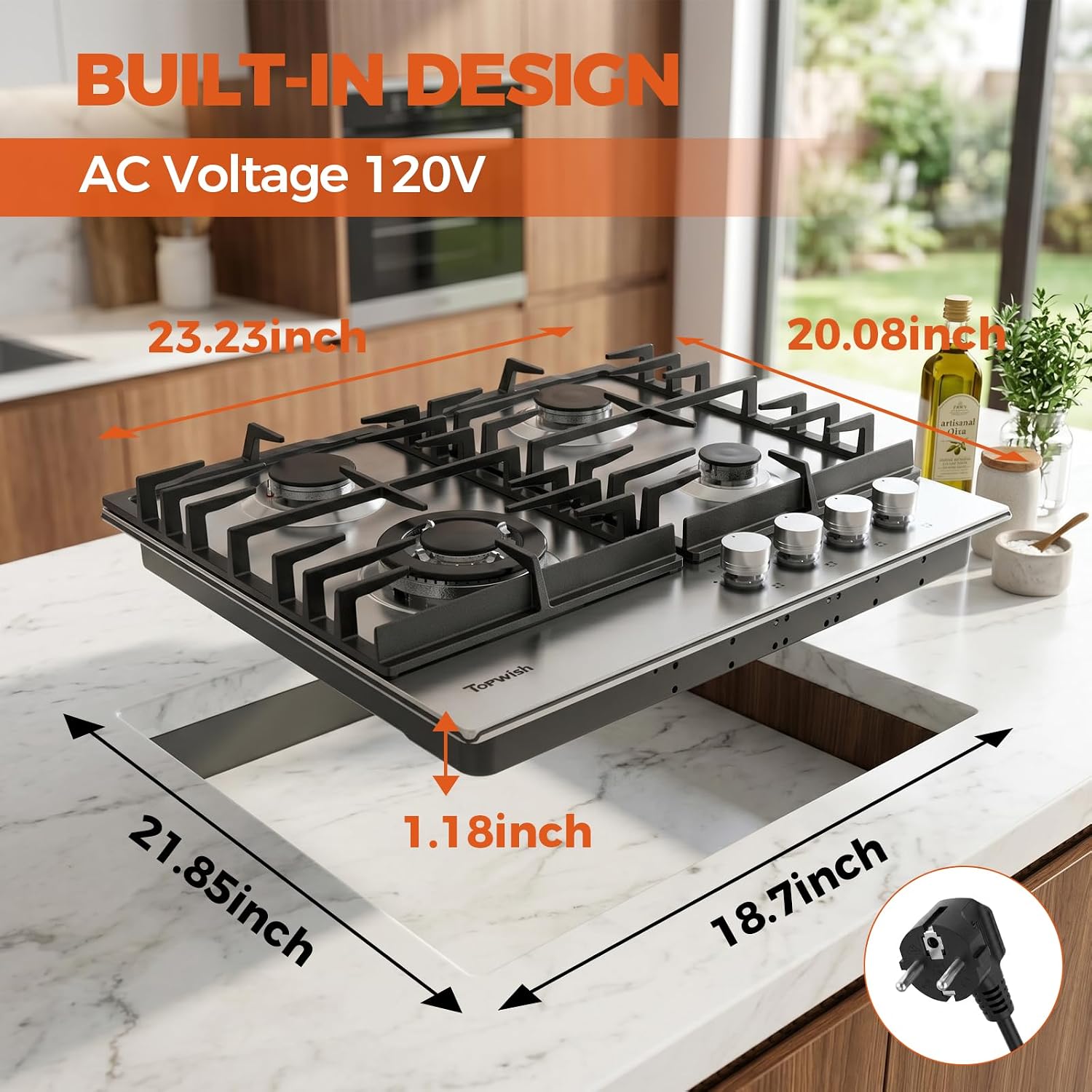TOPWISH 24 Inch Gas Cooktop, 4 Burners 27,400 BTU Built-in Gas Stove Top, NG/LPG Convertible Stainless Steel Drop-in Propane Cooktop with Thermocouple Protection for Kitchen RV Apartments