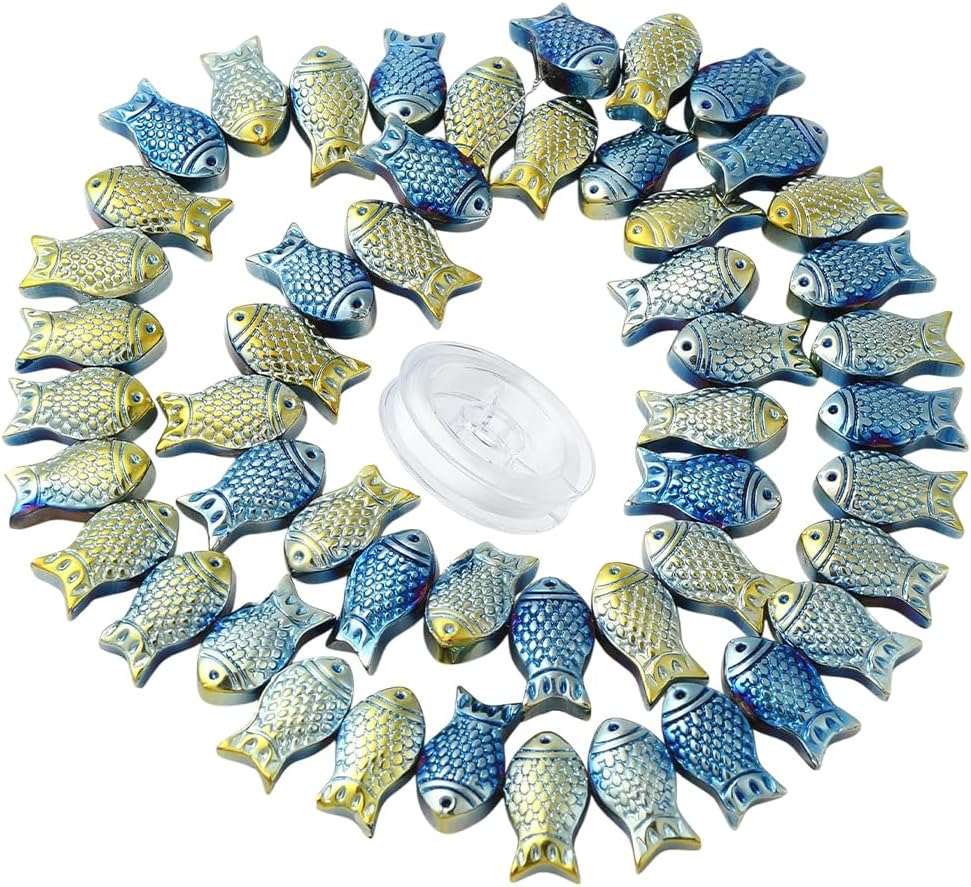 SUNNYCLUE 1 Box 50Pcs Fish Beads Bulk Blue Glass Sea Ocean Animal Double Sided Fishes Beads 15mm Small Shiny Frosted Electroplated Charms Elastic Thread for Jewelry Making DIY Beading Bracelets Crafts