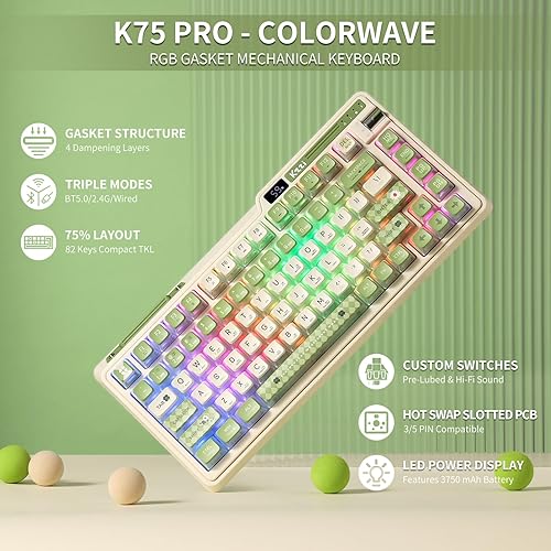 Miniatura 2 de Teclado mecánico K75 PRO RGB 75% de junta inalámbrica, triple modo BT 5.02.4GUSB-C 82 teclas teclado para juegos intercambiable en caliente con