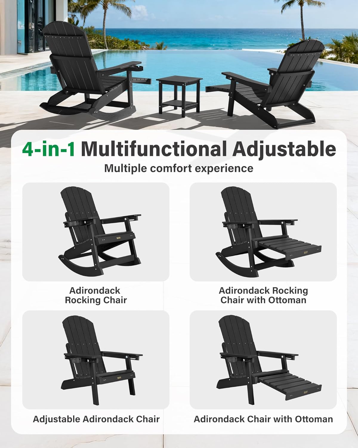YEFU Adirondack Chairs with Retractable Ottoman: Oversize Adirondack Rocking Chairs - 5-Level Adjustable High Back - Outdoor Rocker with Cup Holder for Porch/Gardens/Lawn/Patio/Backyard/Black