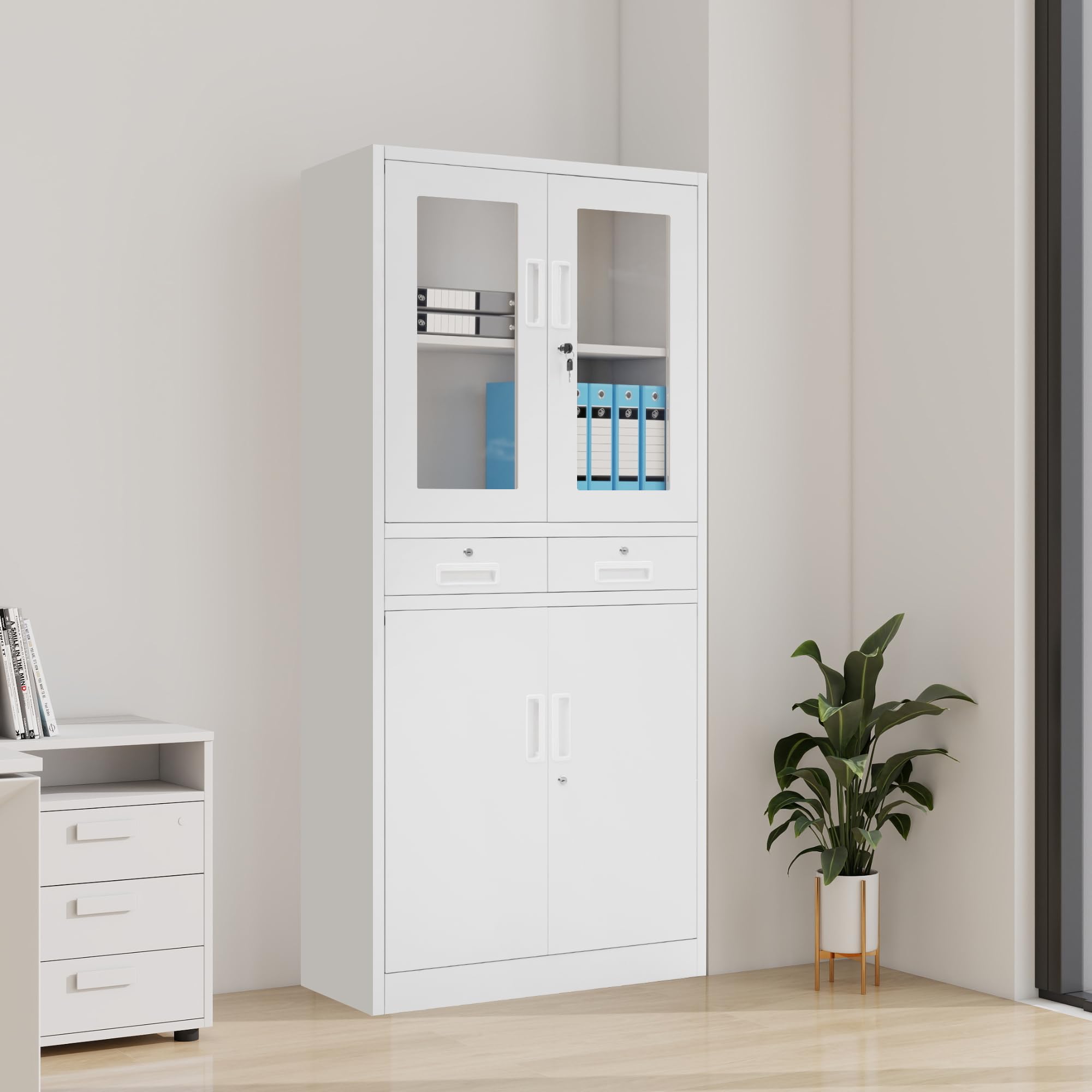 Amazon.co.jp: スチール書庫 鍵付きキャビネット 可動棚 高さ180cm 幅