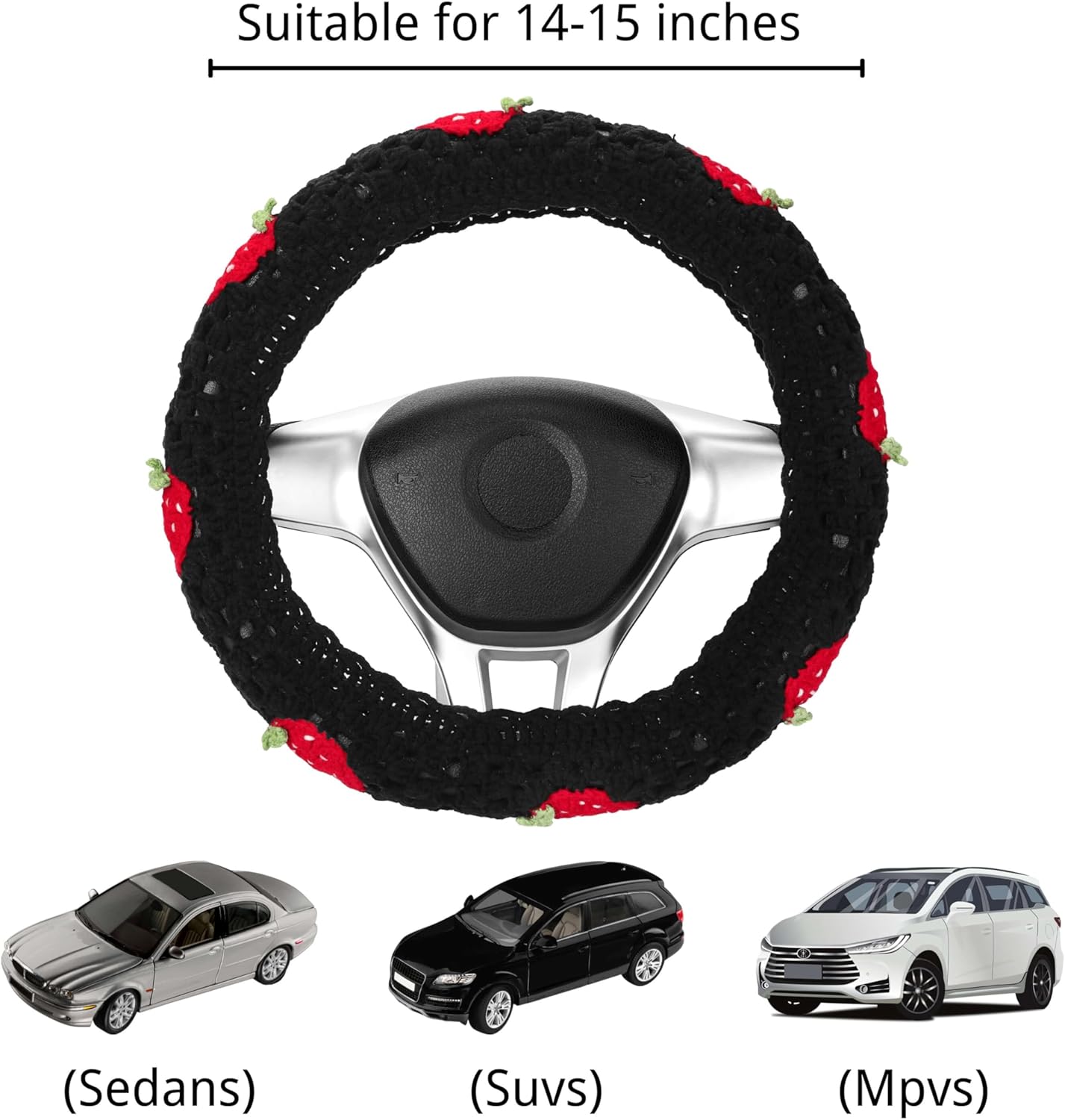 Crochet Steering Wheel Cover Set,Cute Car Steering Wheel Cover Boho 14-15in,Black Strawberry Granny Square, Hippie Car Accessories for Women (Black Strawberry Cover) - Image 2