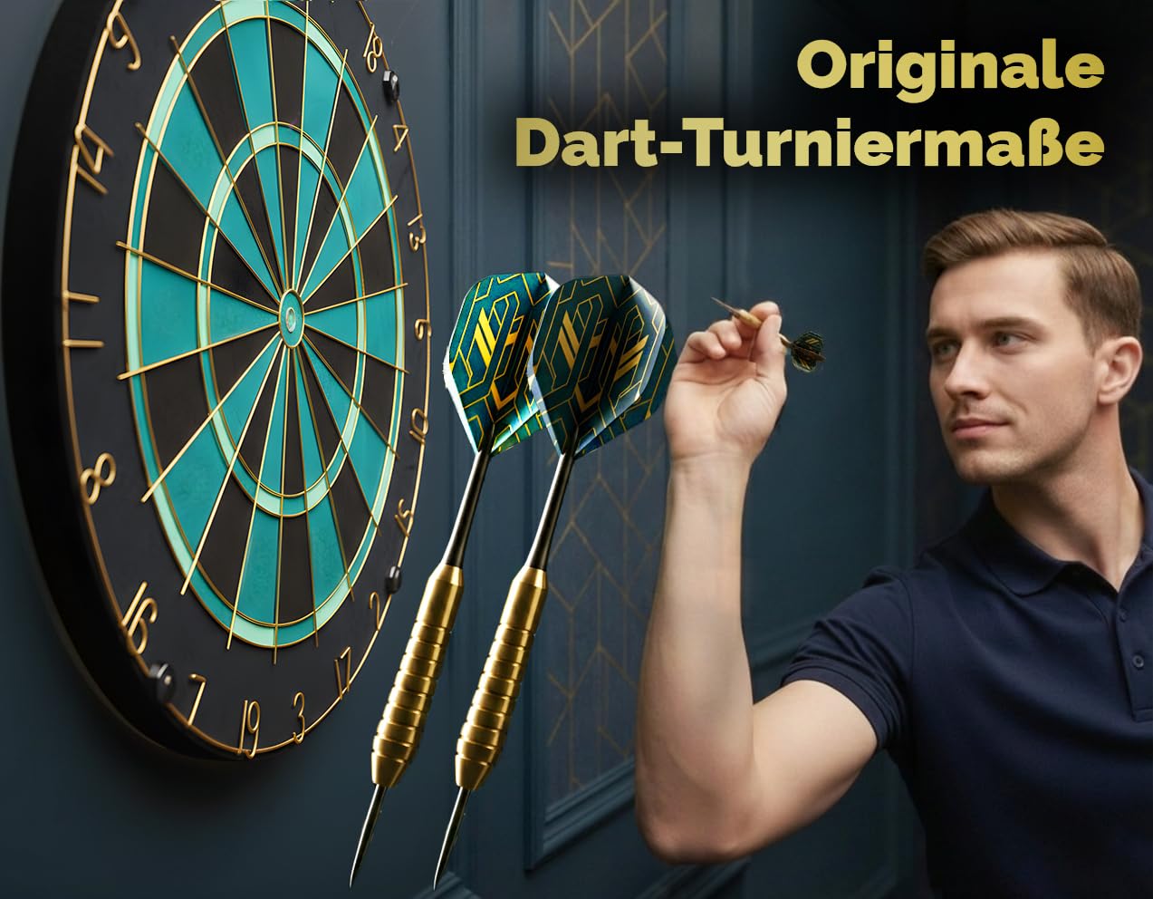 Dartscheibe Dartboard Sisal Professionell Türkis mit Goldener Zahlenring & Pfeilen - Profi Steeldartscheibe - Dart Scheibe Target mit 6 Dartpfeilen Metallspitze golddart Flight Barrels shafts schäfte