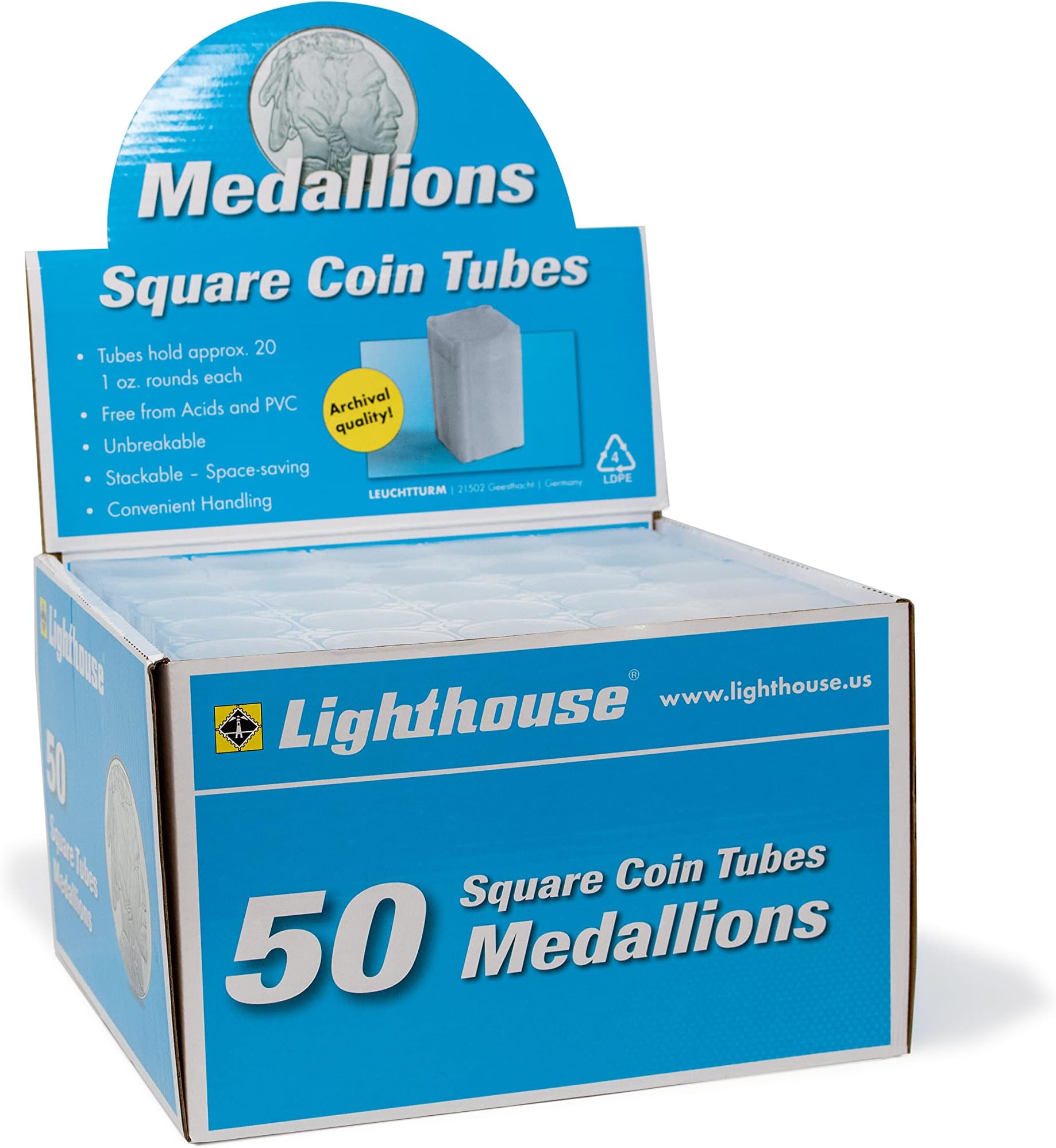 LighthouseSquare Coin Tubes - Convenient Push Top, Virtually Unbreakable, Acid Free and Archival Quality - Coin Tubes for US Medallions, 50 Pack