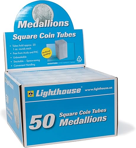 LIGHTHOUSE - Tubos cuadrados para monedas - Conveniente parte superior de empuje, prácticamente irrompible, sin ácidos y calidad de archivo - Tubos