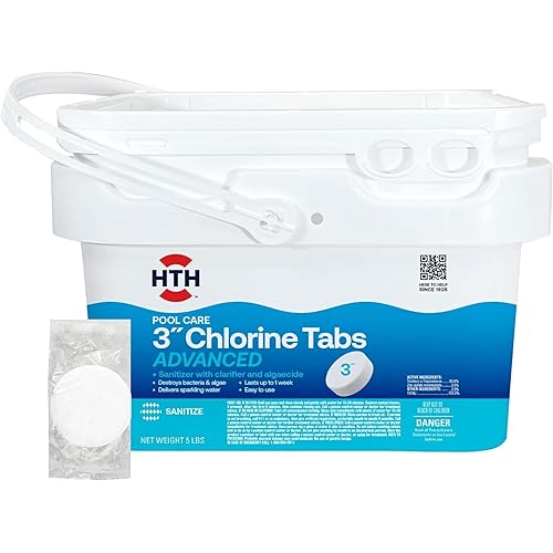 HTH 42052W Pool Care 3" Chlorine Tabs Advanced, Individually Wrapped Tablets - Swimming Pool Sanitizer with Clarifier & Algaecide, Destroys Bacteria & Algae, Delivers Clear Water All Season, 5 lbs