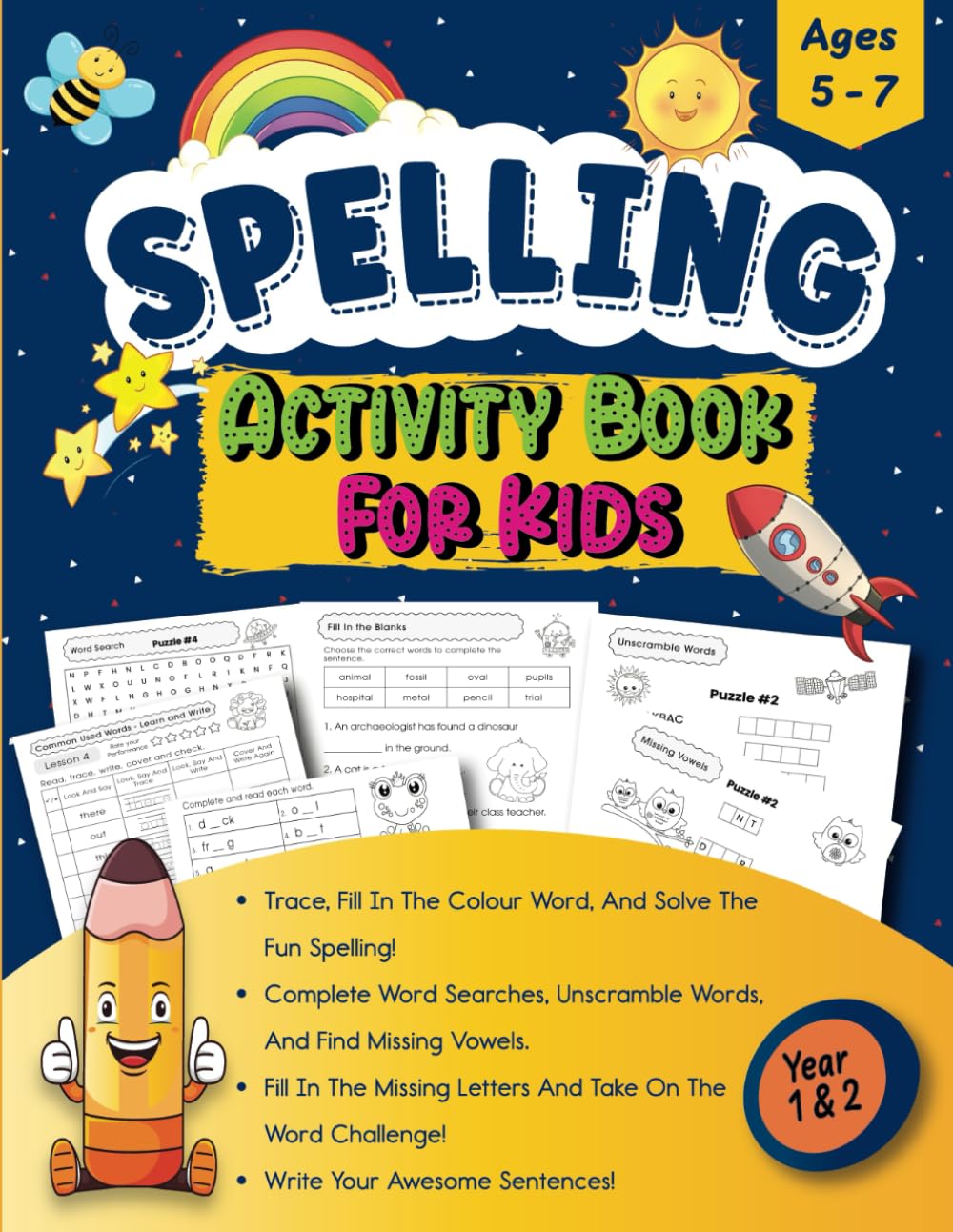 Spelling Activity Book For Kids Ages 5-7: Fun Tracing, Phonics Practice and Word Puzzle Challenges