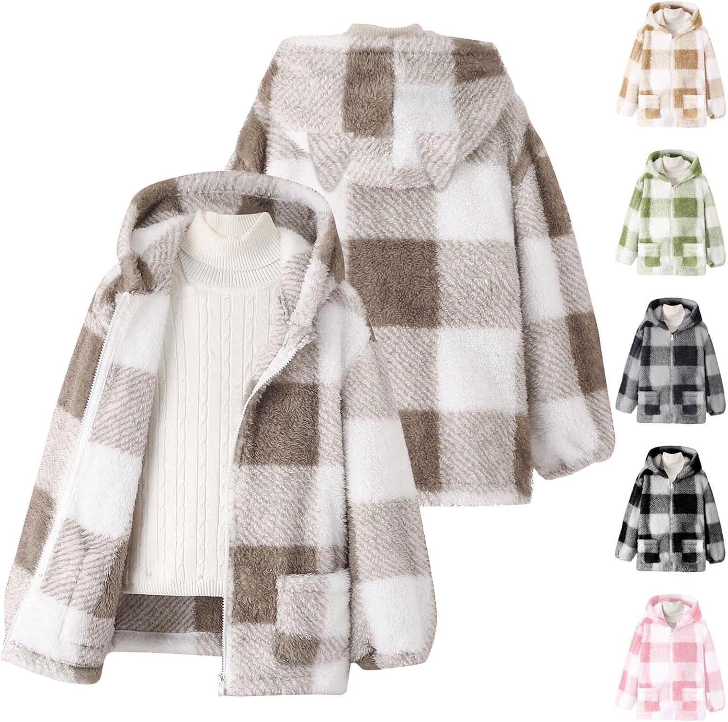 Girls Fleece Jacket Plaid Flannel Zip Up Hoodie Coat Cute Plush Sherpa Lined Sweatshirt Winter Warm Soft Hooded Outwear