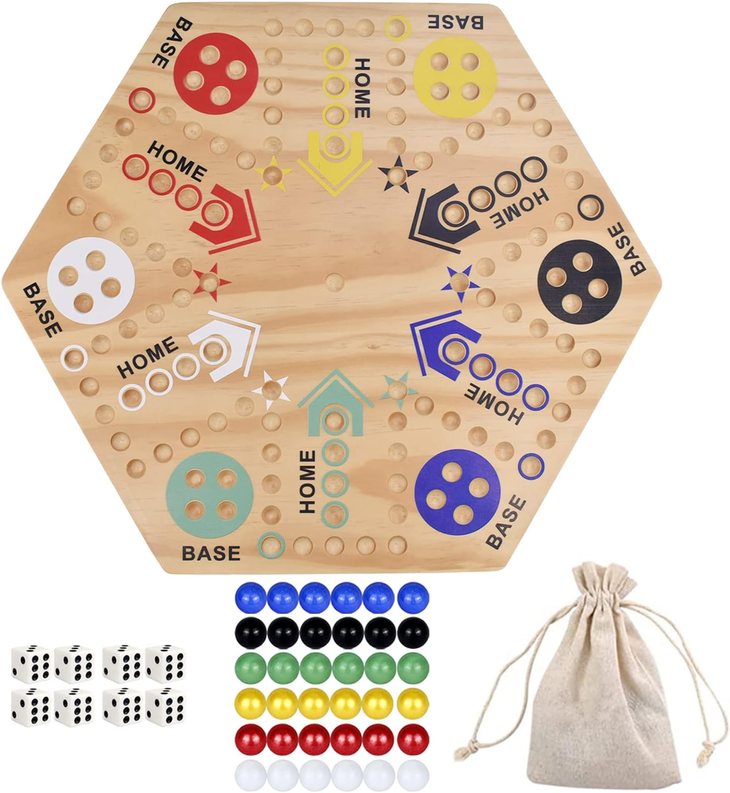 MUCITAGF 24" Wooden Wahoo Board Game Double-Sided for 4 or 6 Players Fast Track Board Game, Original Marble Game Set with 36 Marbles, 8 Dice for Family Night, Parties and Adult Gifting