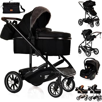 3 in 1 Baby Pram Travel System with Car Seat Lightweight Buggy Foldable Pushchair for Newborn and Toddlers up to 22kg New 2025 Style Black - Black