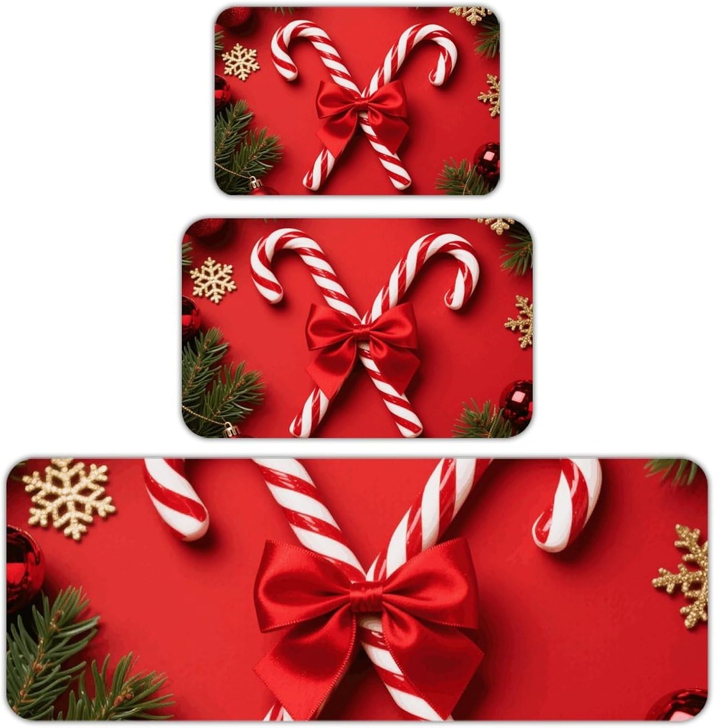 Red Christmas Candy Kitchen Mats for Floor 3 Pcs Kitchen Rugs