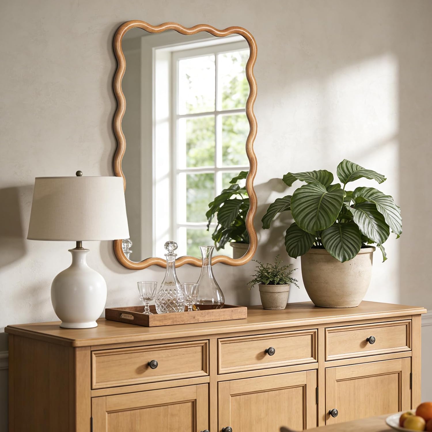 WallBeyond 24"x36" Wavy Wood Mirror, Natural Wood Boho Accent Wall Mirror with Wooden Frame, Decorative Wall Mounted Mirror for Horizontal or Vertical Hanging in Bathroom, Bedroom, Living Room