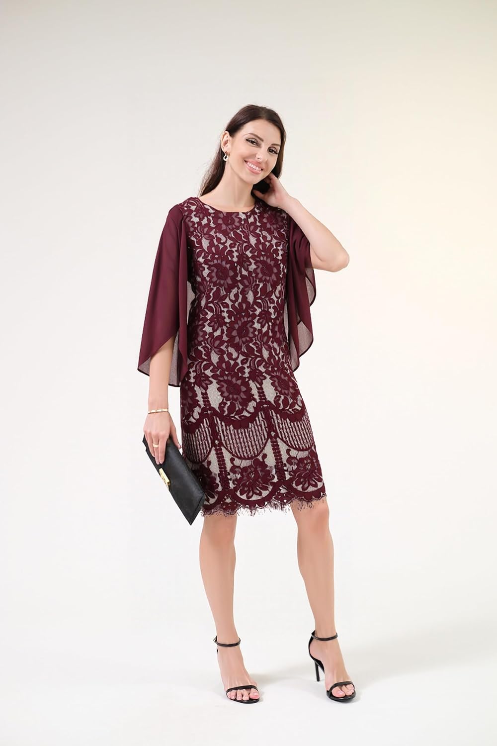 DERAX Women's Lace 3/4 Sleeve Mini Dress Chiffon Wedding Guest Party Knee Length A-Line 2026 Spring Dresses - Image 4