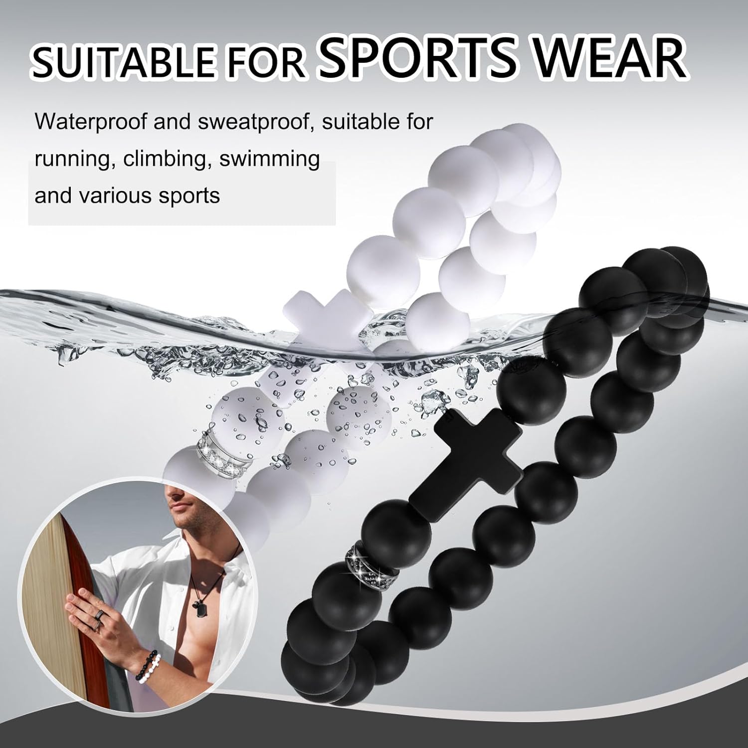 2 Pcs Silicone Cross Bracelet for Men : Comfort Black White Rubber Cross Beaded Silicone Men's bracelet Set Stretch Jesus Wristband, Faith Religious Christian Catholic Jewelry Gifts for Boys Son Teens - Image 5