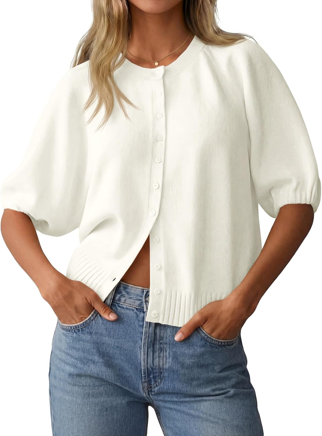 Saodimallsu Womens Puff Half Sleeve Cardigan Lightweight Knit 2026 Spring Summer Crew Neck Button Down Sweater Tops