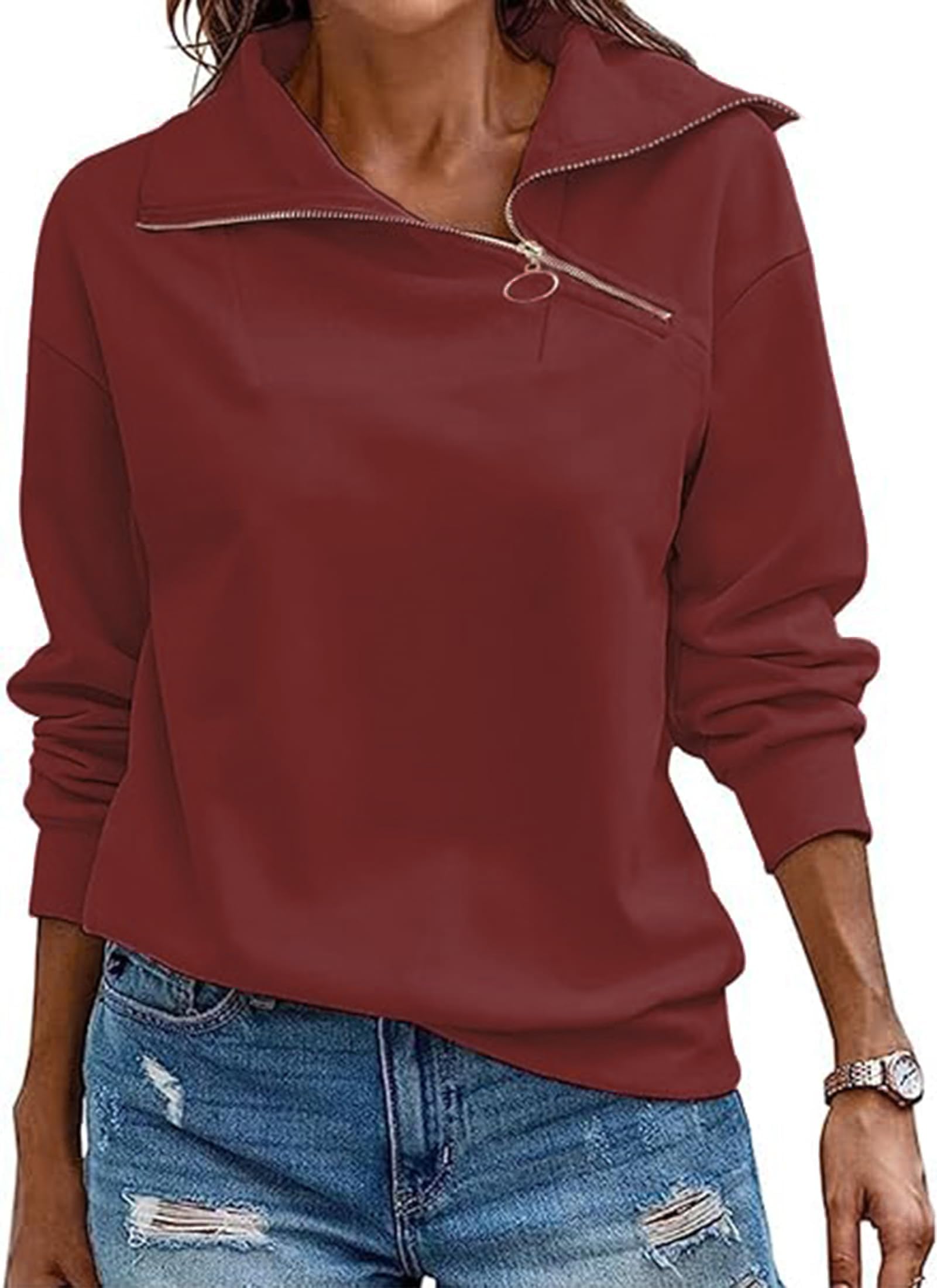 Cuptacc Felpa Donna Mezza Zip Scollo a V Maglia Donna Manica Lunga Casual Tinta Unita Autunno Camicia Elegante