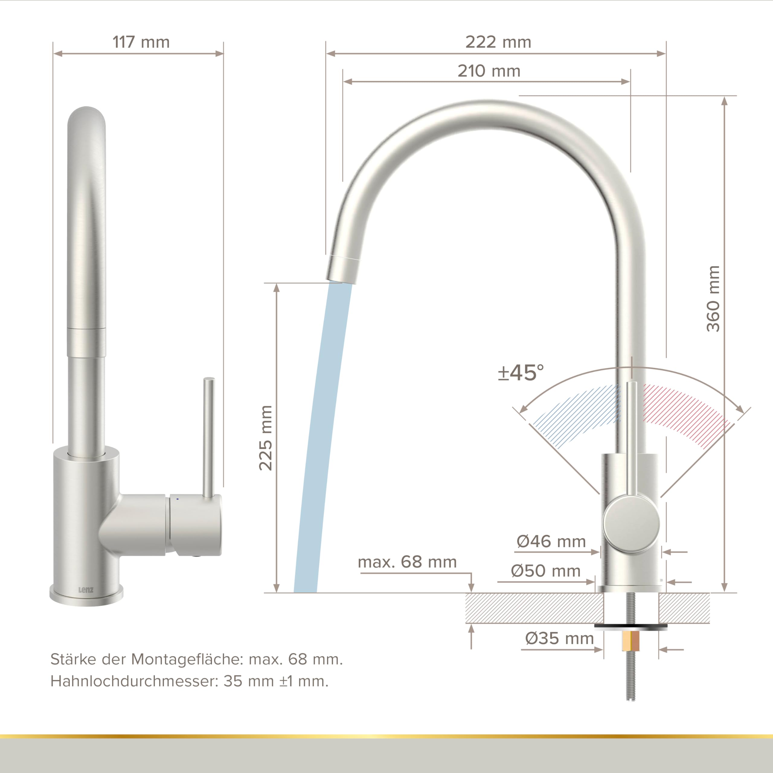 Lenz Lio 42030011 - Grifo de cocina (acero inoxidable, con función de ahorro de agua de 2 niveles, caño alto y giratorio 360°, superficie antihuellas, altura de 36 cm)