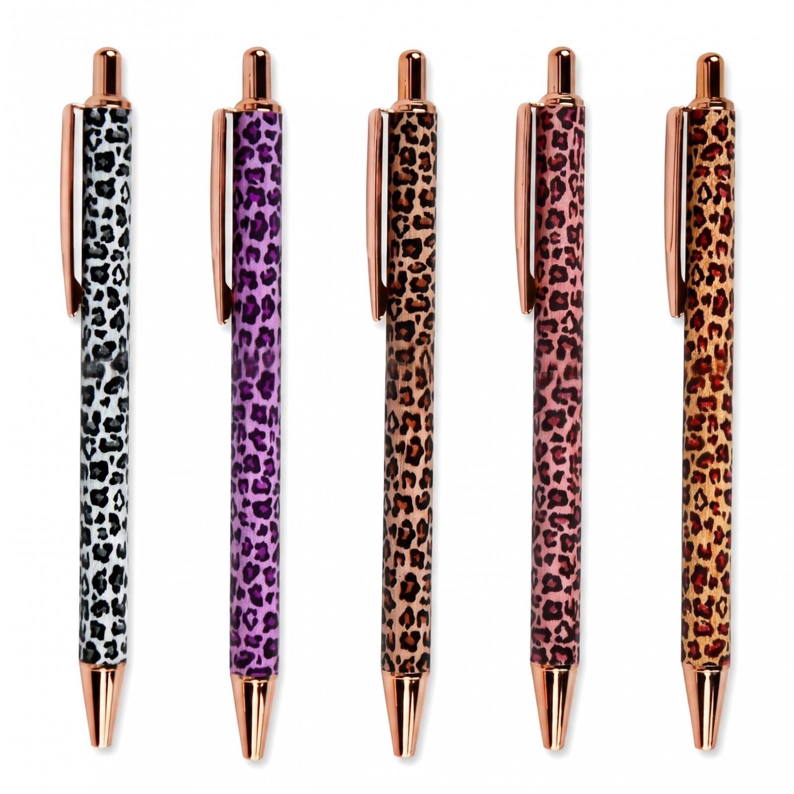Kemay Sparkly Pens Set - 5PCS Pretty Pens for Women & Girls, Leopard Print Retractable Black Ink Ballpoint Pens, 1mm Medium Tip Biros for Office, School, Home & Stationery Gifts