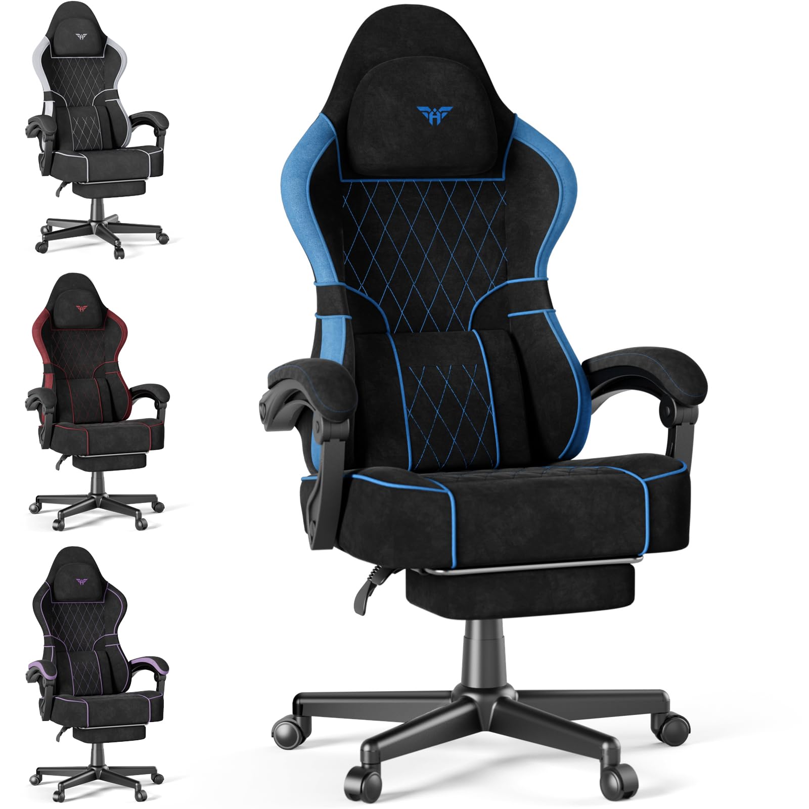 Soontrans Silla Gaming con Cojín Lumbar Masajeador, Silla Gamer con Reposacabezas, Reposapiés, Cadeira Gaming, Tela sintética, Altura Ajustable para Juegos, 136kg (Negro y Azul)