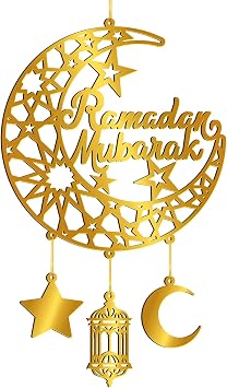 Ramadan Decoration for Home Acrylic Ramadan Door Wreath Ramadan Mubarak Islamic Wall Decor Hollow Moon and Star Front Door Wall Signs, Muslim Sign Eid Mubarak Kareem Ornaments Hanging for Home Party