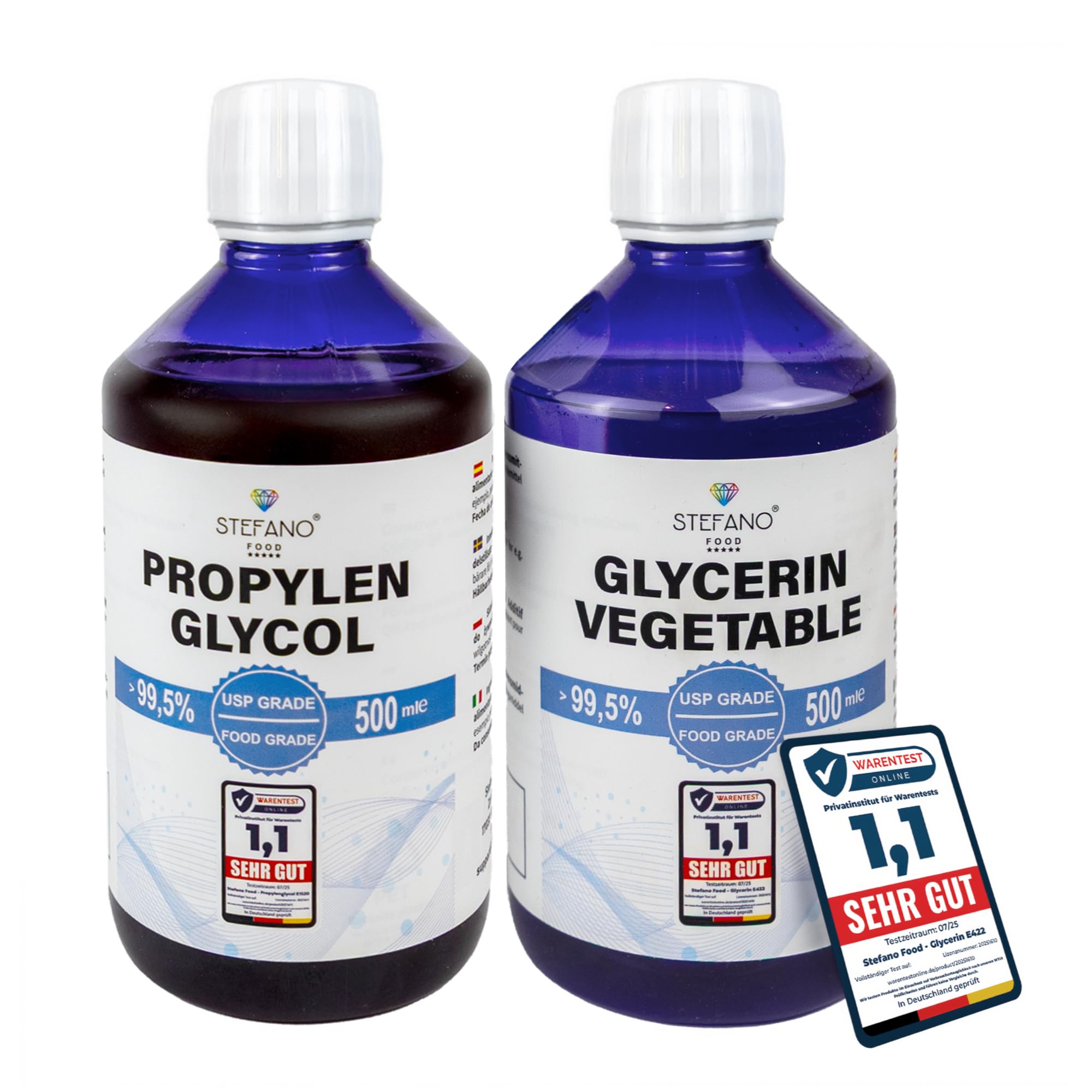 STEFANO FOOD® Glycerin (VG) 99,7% + Propylenglycol (PG) 99,8% - 2x500ml flüssig [Set] - 100% Pflanzenbasiert - USP Lebensmittelqualität - E422+E1520 - Sicherheitsverschluss
