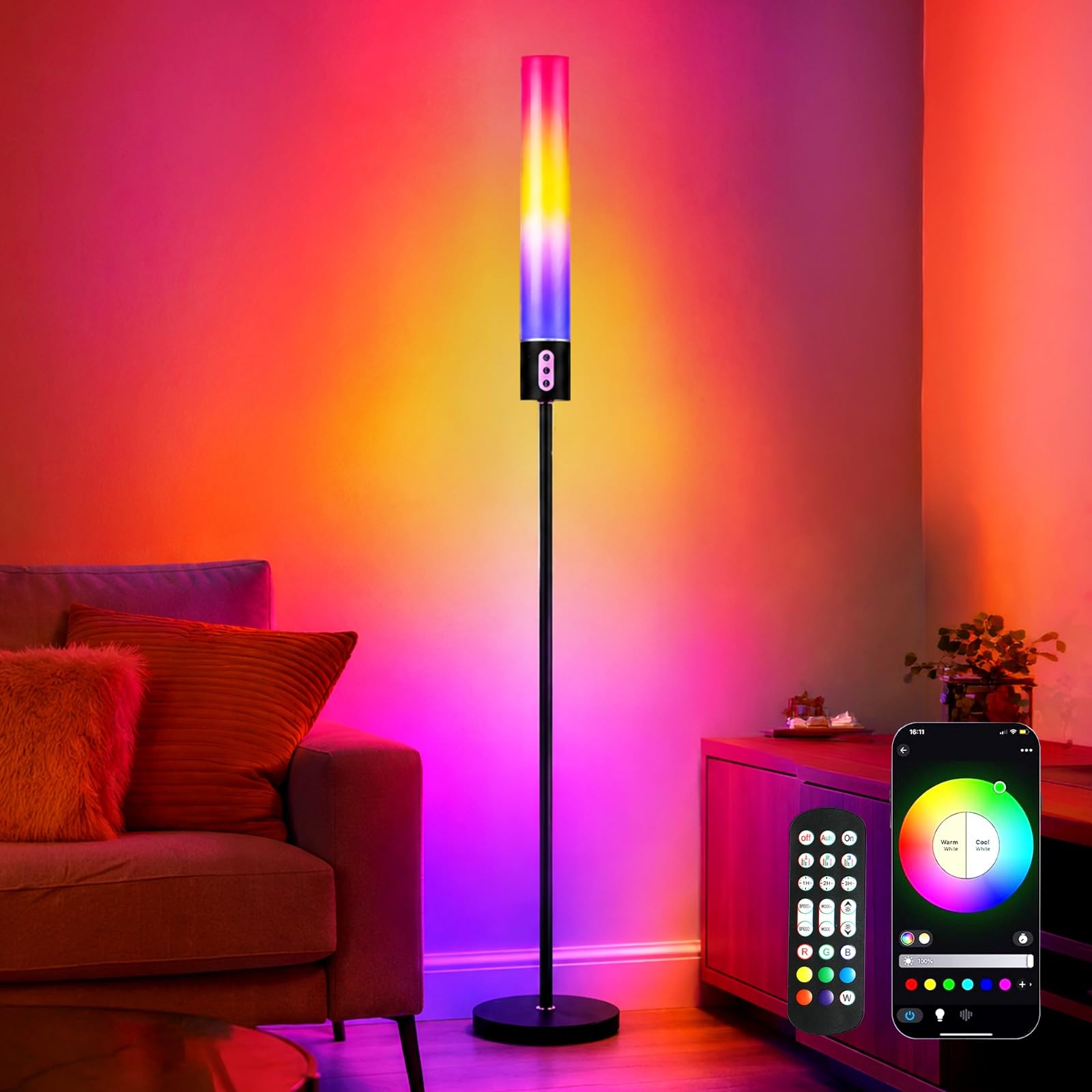 RGB+CCT Smart LED Floor Lamp 2200K-6500K LED Standing Lamp Corner Light, APP/AI Design/Music SyncLED Lights, Compatible with Google and Alexa, Living Room Bedroom Home Décor