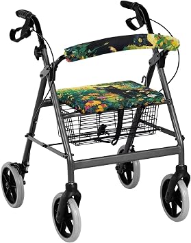 Black Cat Flowers Rollator Walker Seat & Backrest Cover Set for Seniors Comfort Walker Rollator Accessories for Comfortable Walking for Ladies